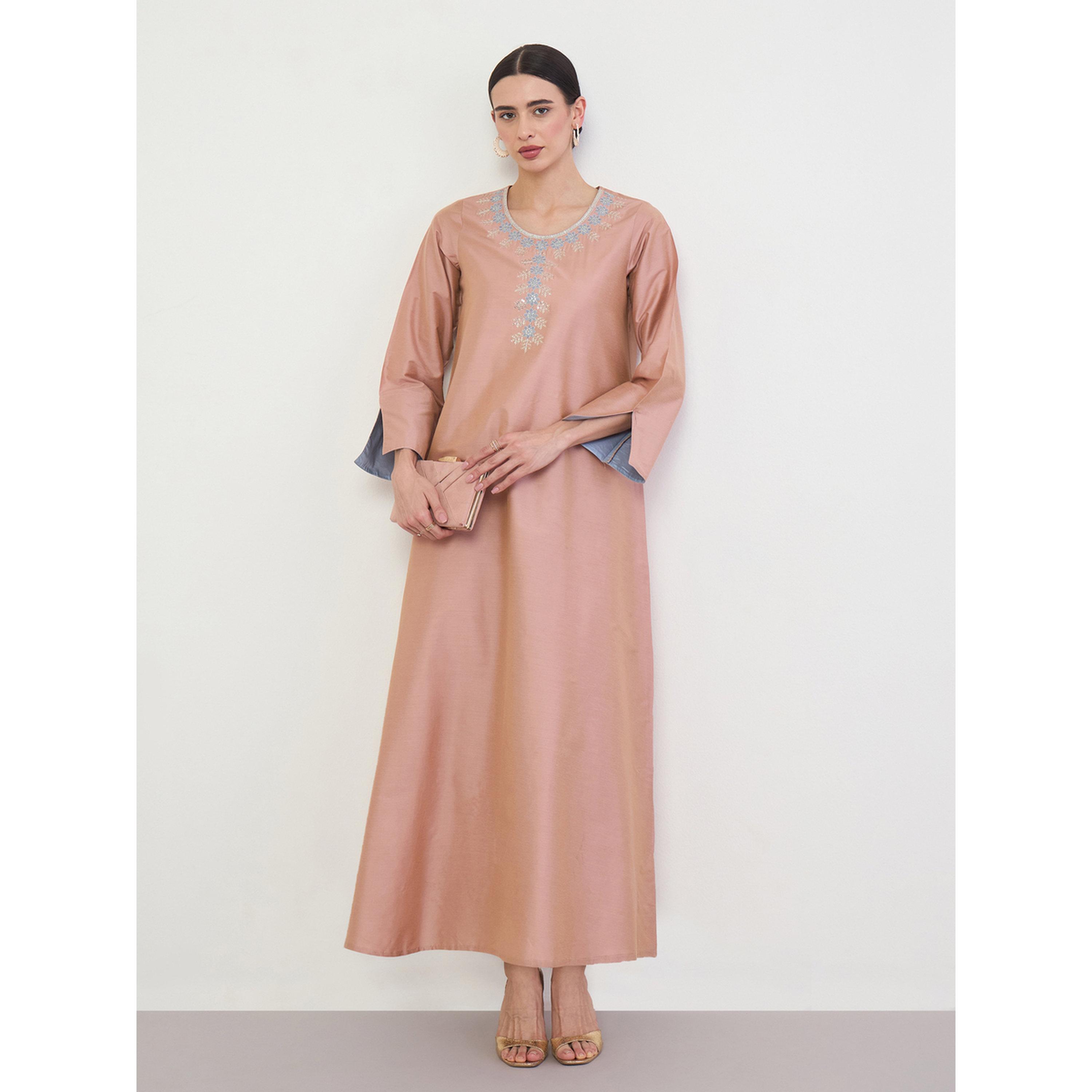 Amirah X Styli Yellow Zari Embroidered Jalabiya with Sequenced Neck-women-arabicclothing-jalabiyas-image-2