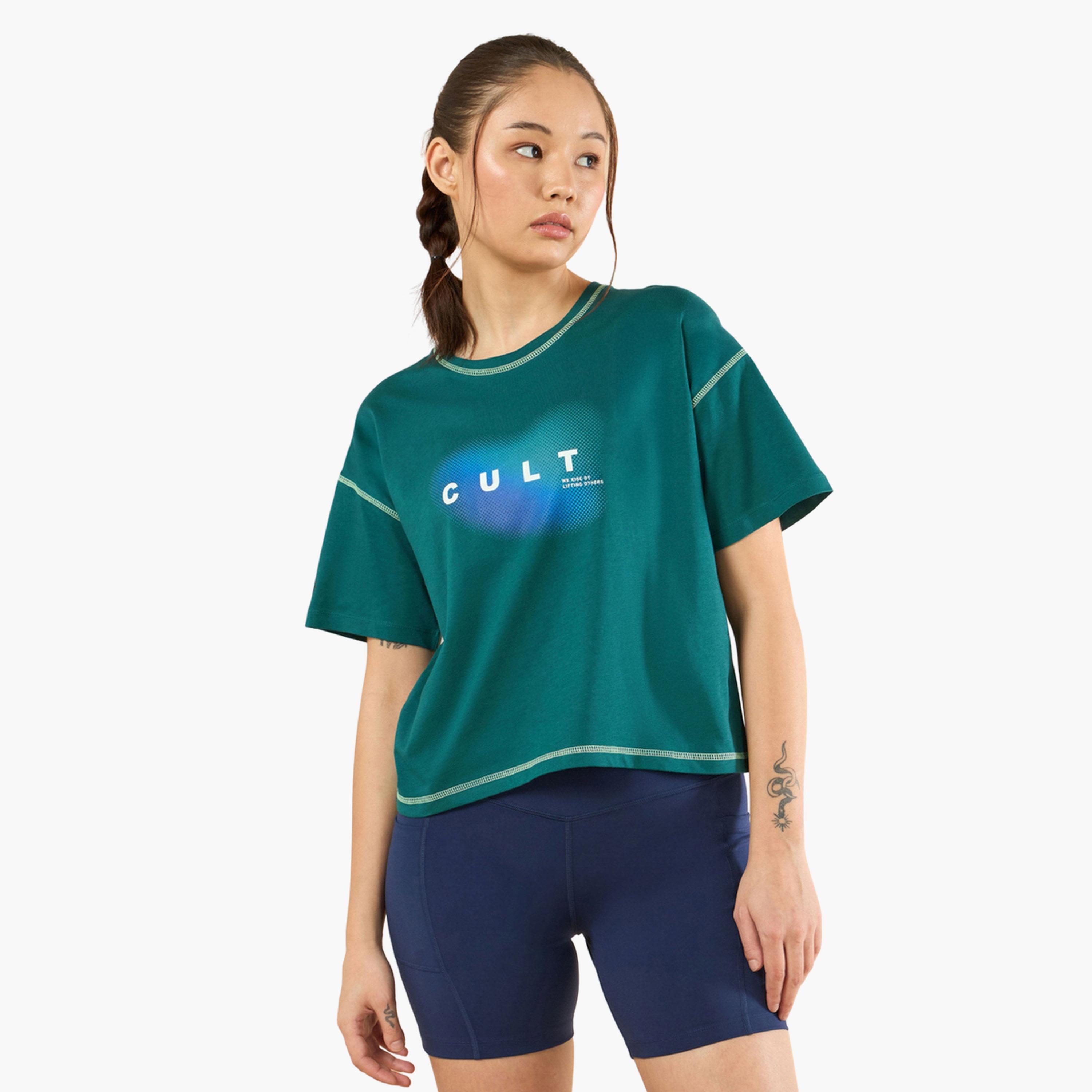Cult X Styli Women Green Spirit Graphic Boxy Crop T-Shirt-sports-women-clothing-tshirtsandvests-image-1
