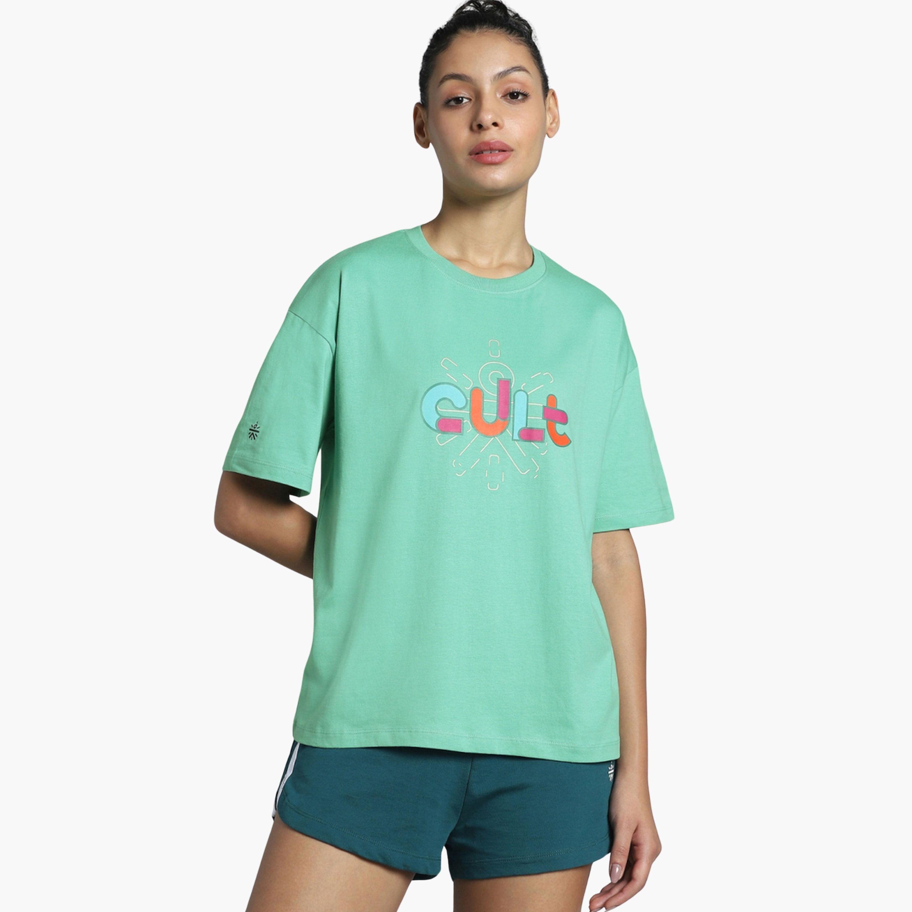 تيشيرت نسائي بقصة مريحة بتصميم Brand Carrier باللون الأخضر من Cult X Styli-sports-women-clothing-tshirtsandvests-image-1