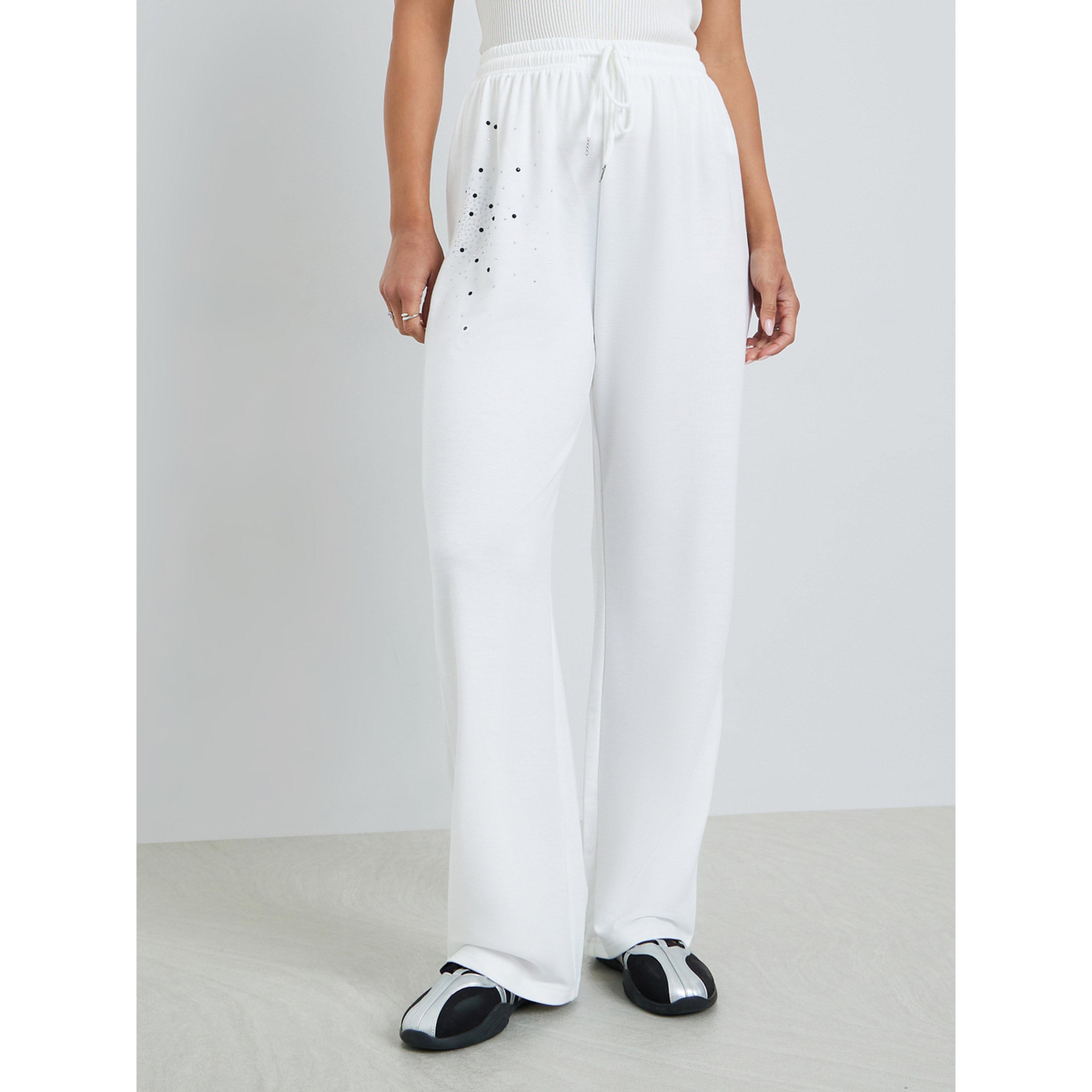 Styli Women White Rhinestone Wide-Leg Joggers-women-clothing-bottoms-joggers-image-1