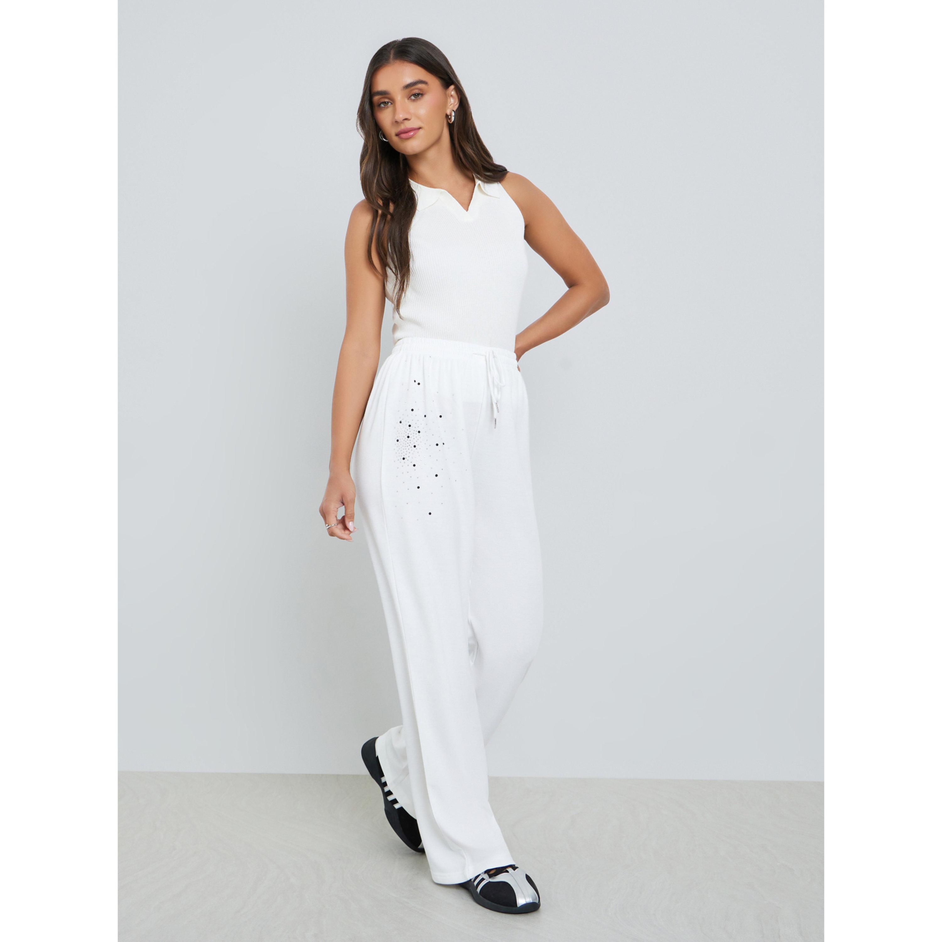 Styli Women White Rhinestone Wide-Leg Joggers-women-clothing-bottoms-joggers-image-2