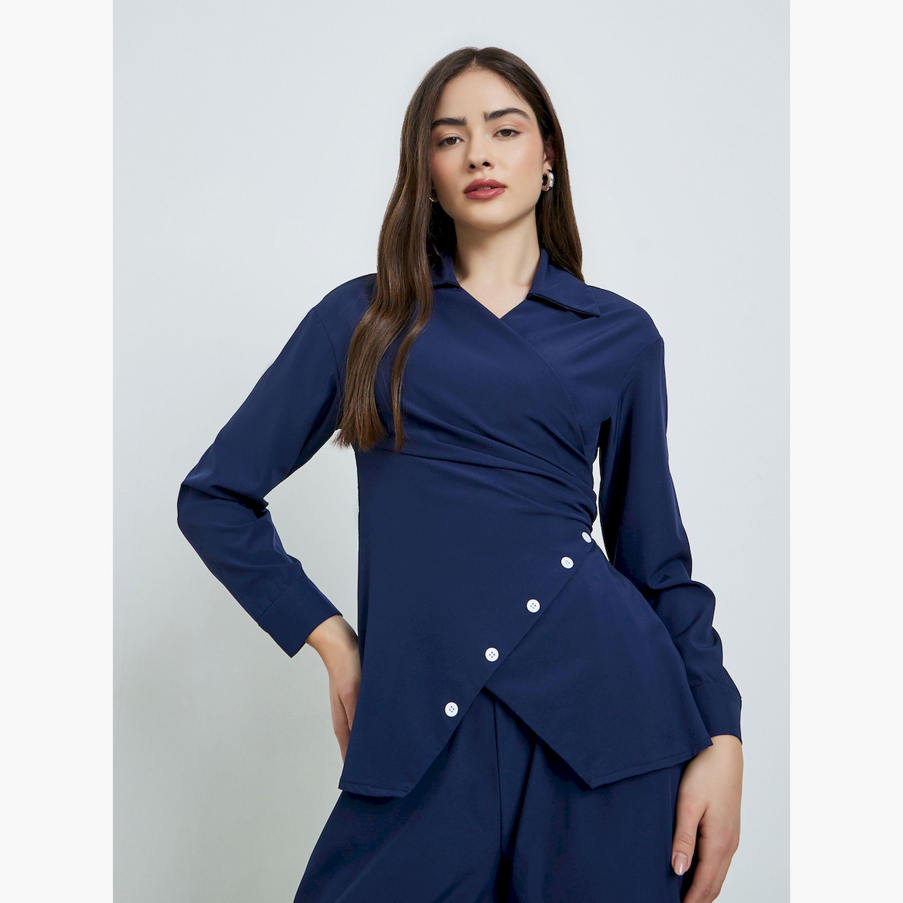 Styli Blue Asymmetric Hem Wrap Top and Pants Co-Ords-women-clothing-coordsets-image-3