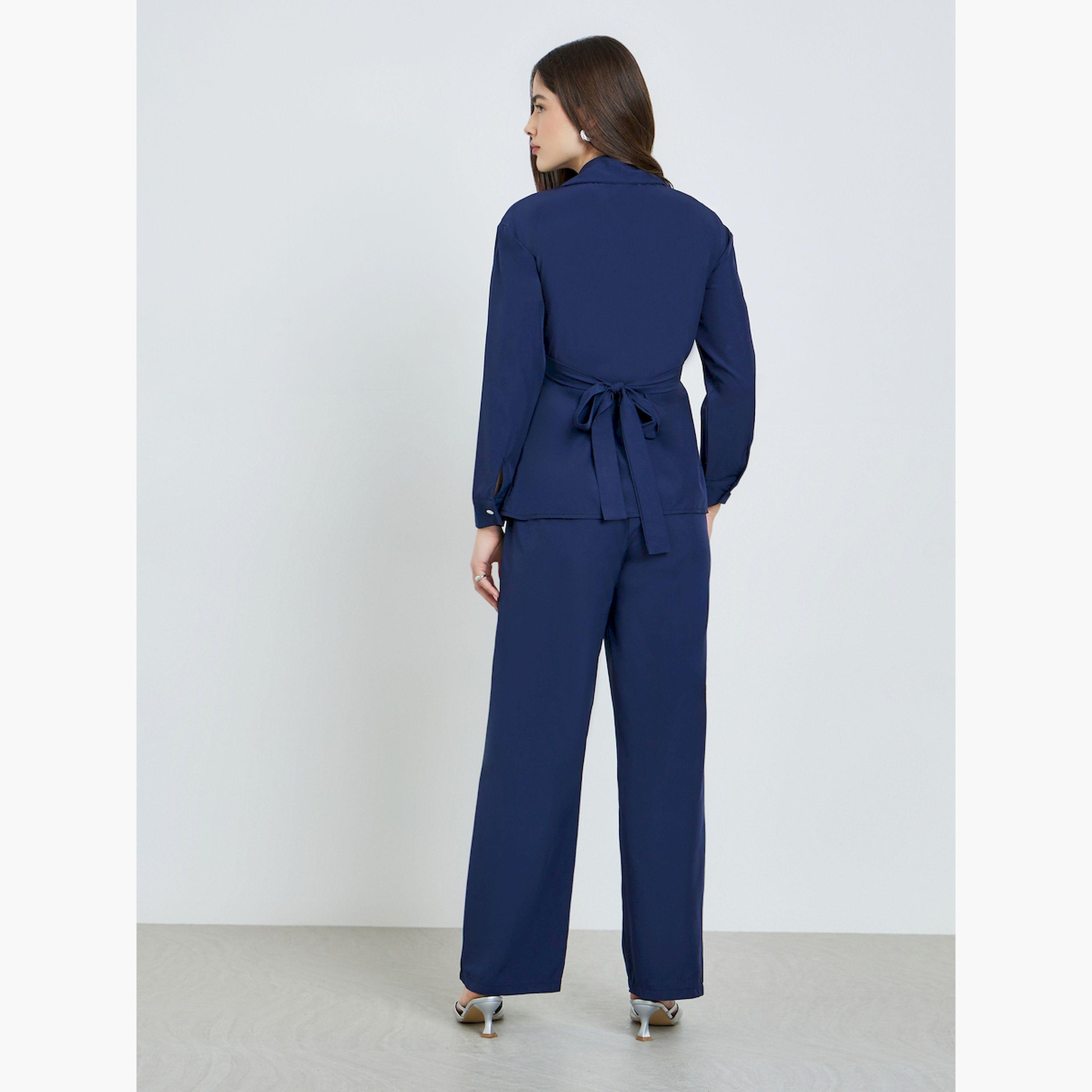 Styli Blue Asymmetric Hem Wrap Top and Pants Co-Ords-women-clothing-coordsets-image-4