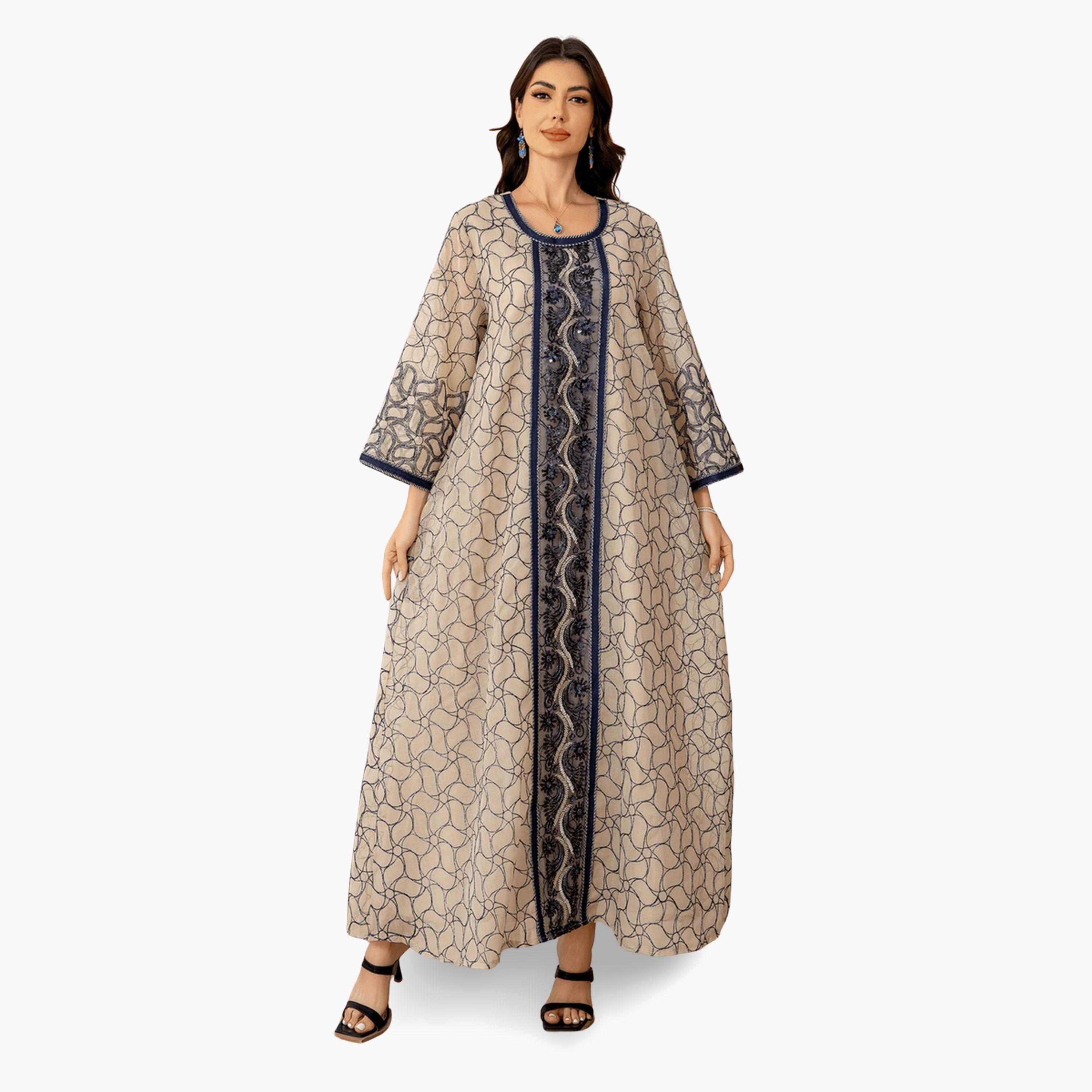 جلابية نسيج بارز بتفاصيل رقع الترتر وقصة واسعة-women-arabicclothing-jalabiyas-image-1