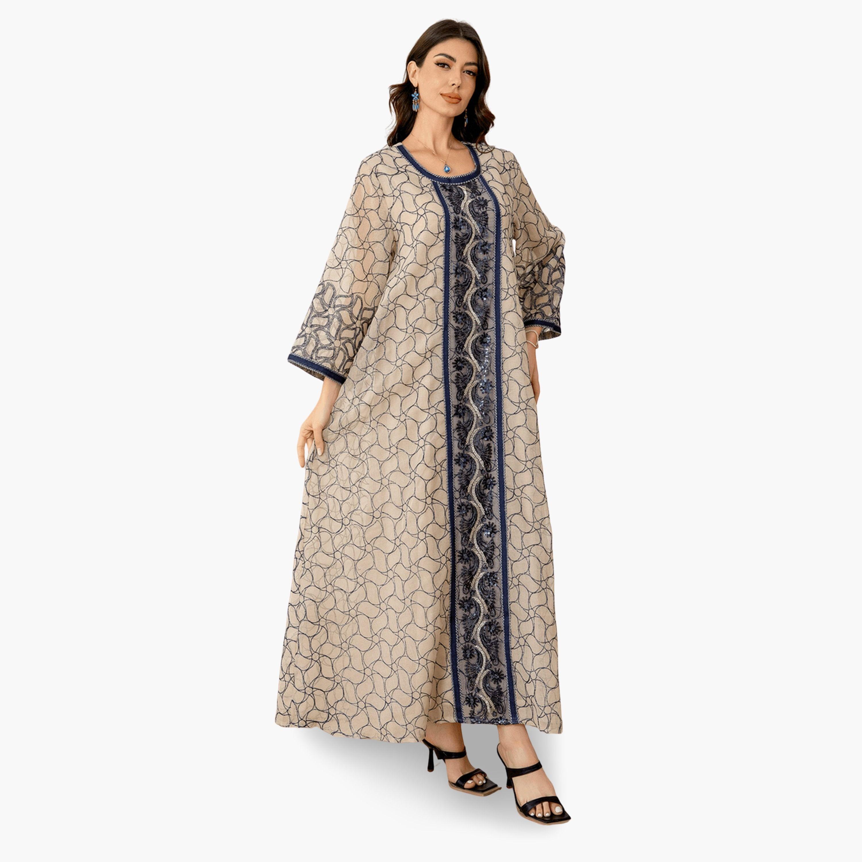 جلابية نسيج بارز بتفاصيل رقع الترتر وقصة واسعة-women-arabicclothing-jalabiyas-image-4
