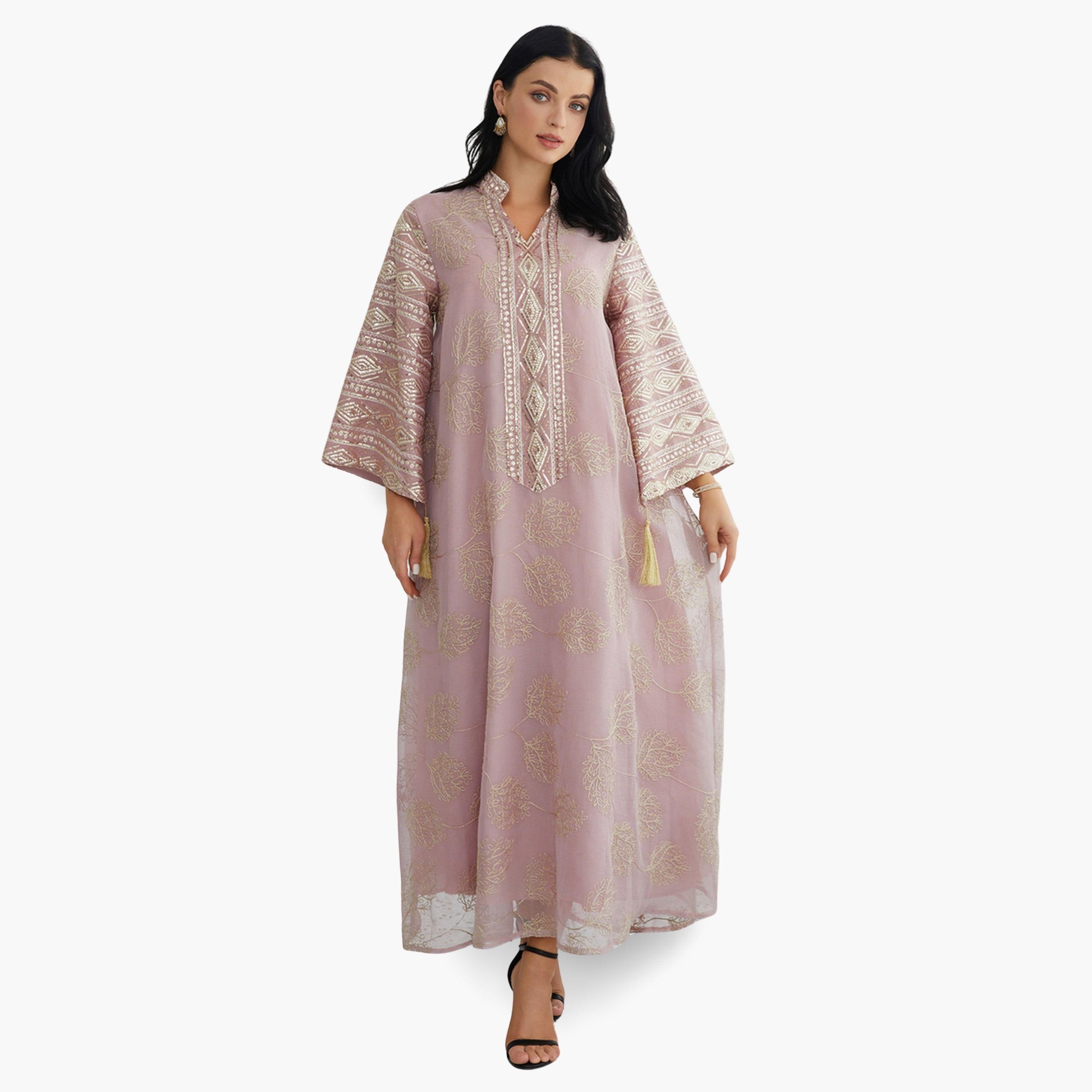 Take Two Women Textured Embellished Tasselled Sleeve Jalabiya-women-arabicclothing-jalabiyas-image-2