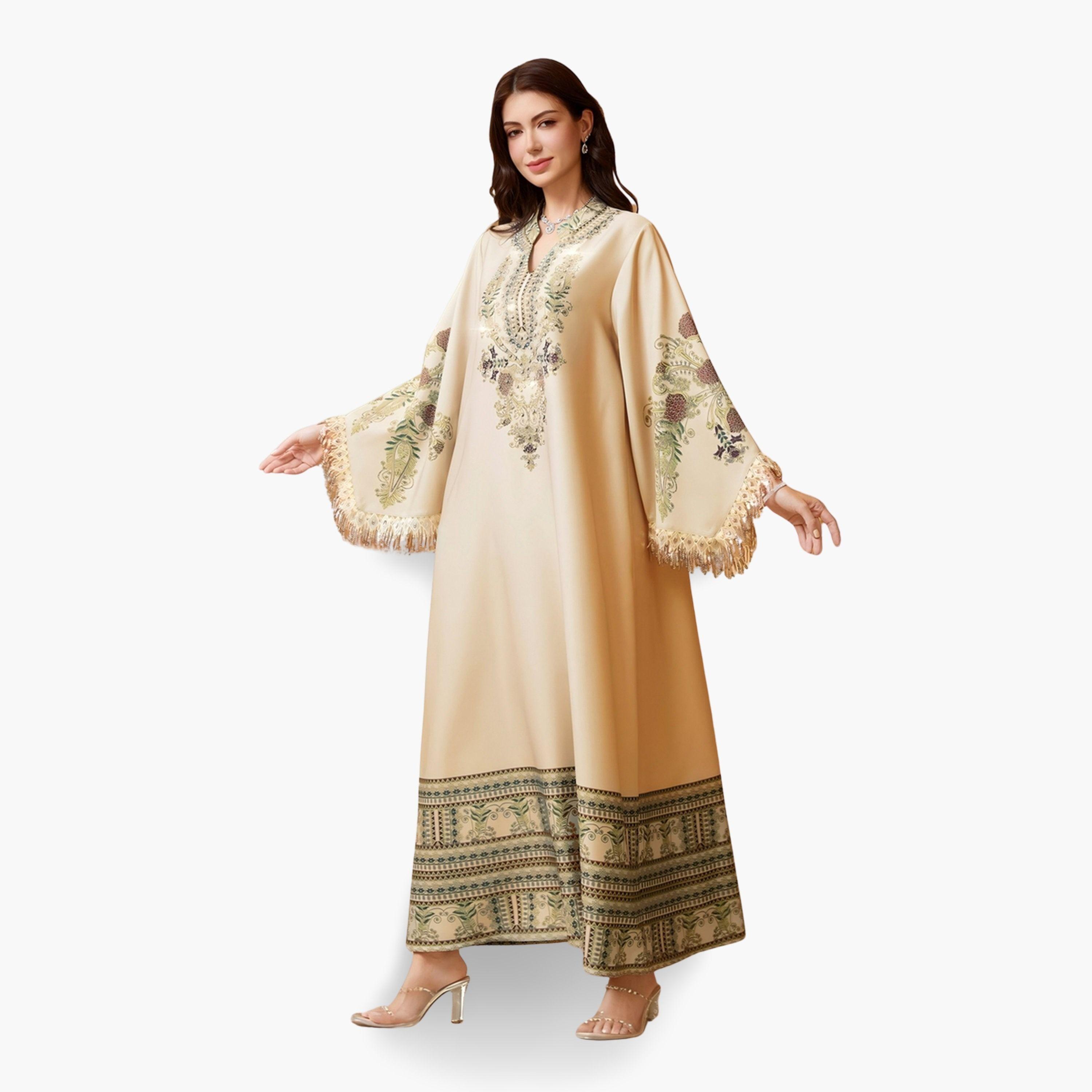 جلابية مطبعة بالزهور ومزينة بأكمام ذات شرابات-women-arabicclothing-jalabiyas-image-1