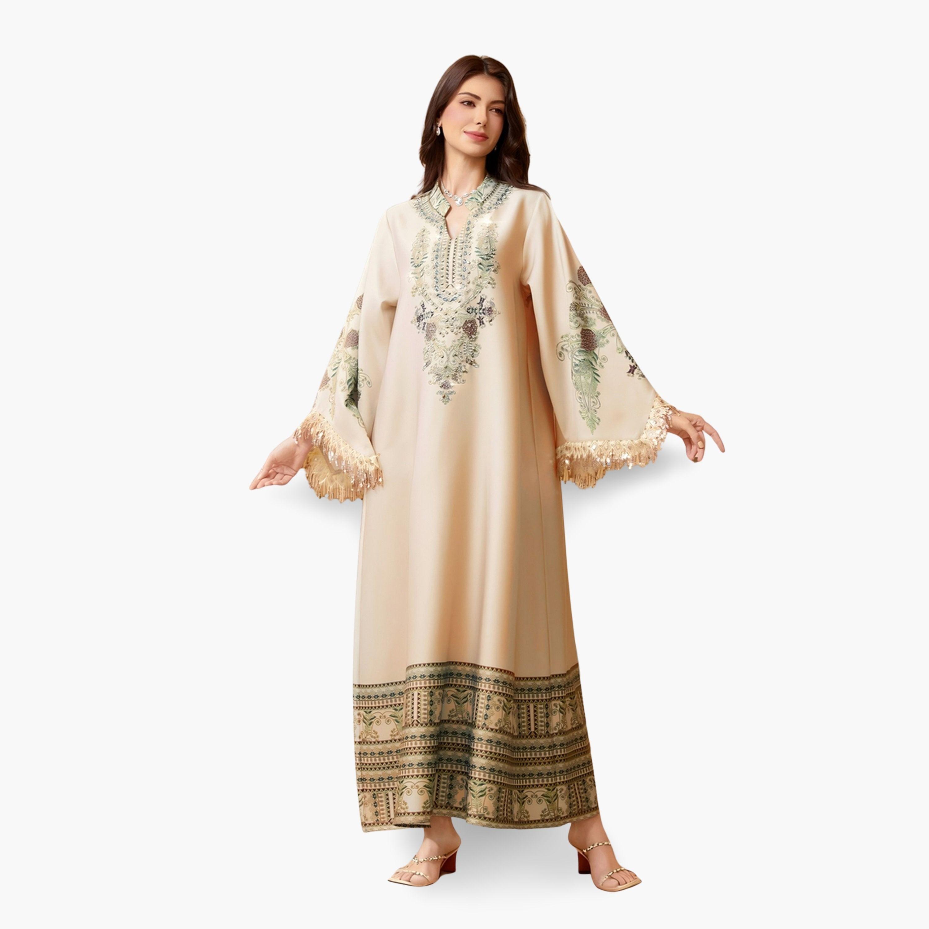 جلابية مطبعة بالزهور ومزينة بأكمام ذات شرابات-women-arabicclothing-jalabiyas-image-3