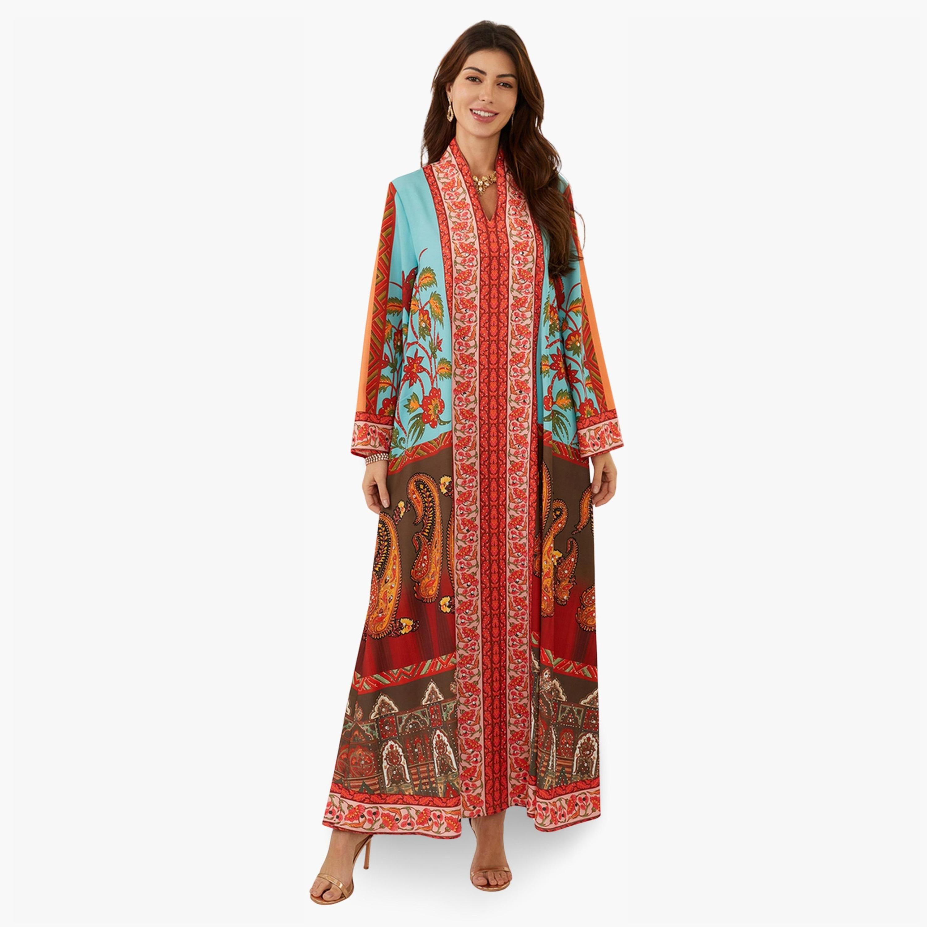 Take Two Women Printed V-Neck A-Line Jalabiya-women-arabicclothing-jalabiyas-image-1