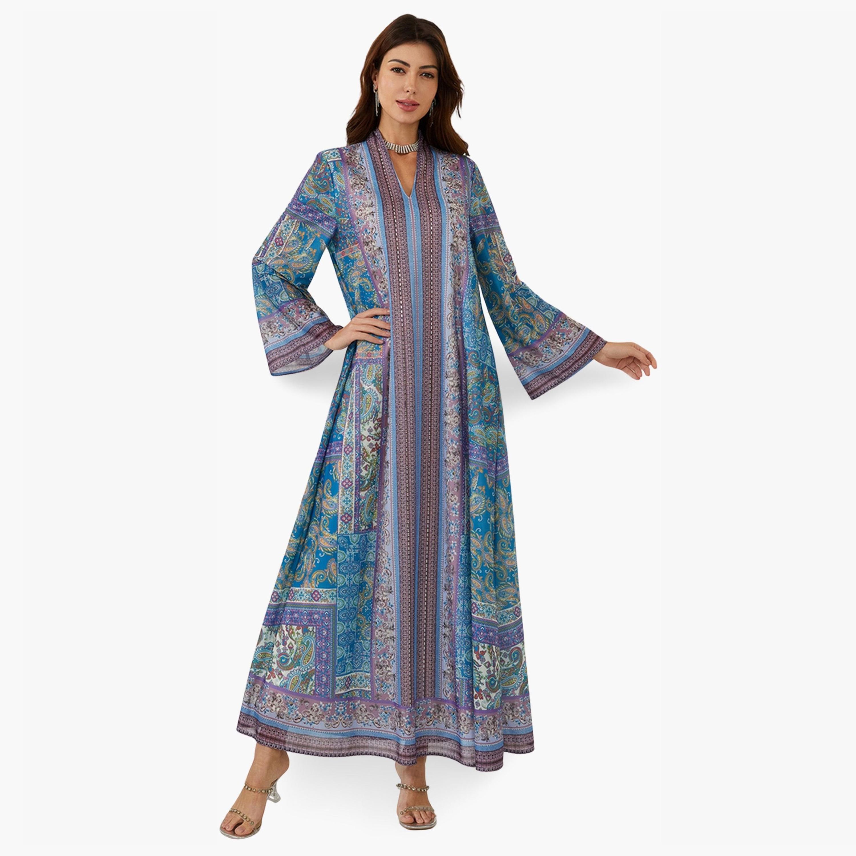 Take Two Women Printed V-Neck A-Line Jalabiya-women-arabicclothing-jalabiyas-image-1