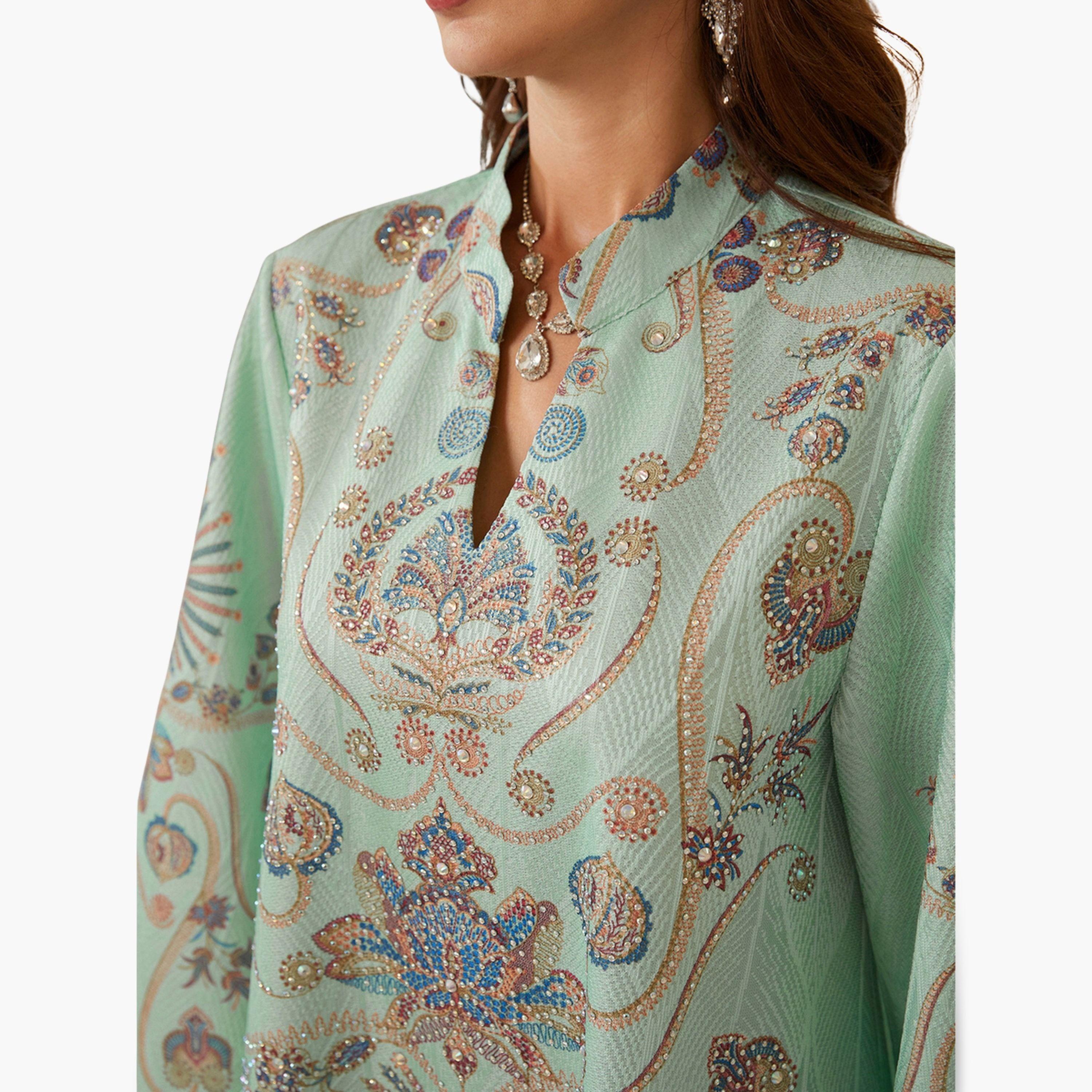 Take Two Women Textured Floral Printed Collared Jalabiya-women-arabicclothing-jalabiyas-image-5