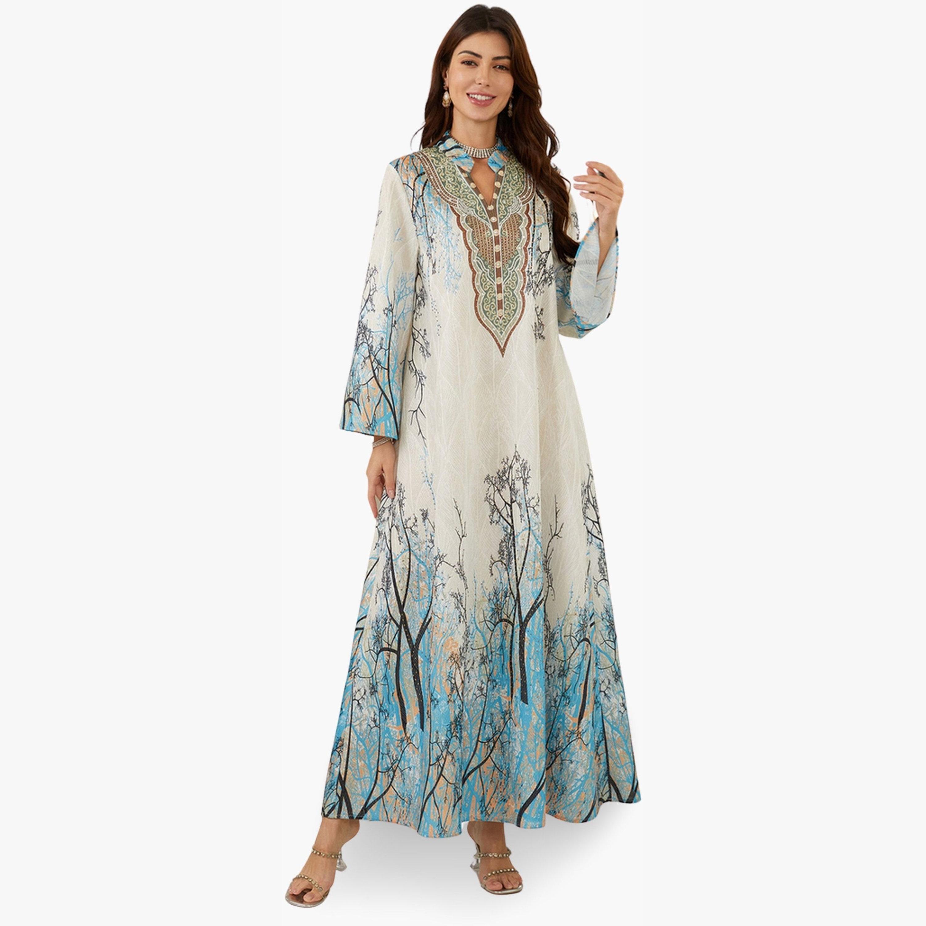 جلابية بياقة ونسيج بارز وطبعة زهور-women-arabicclothing-jalabiyas-image-2