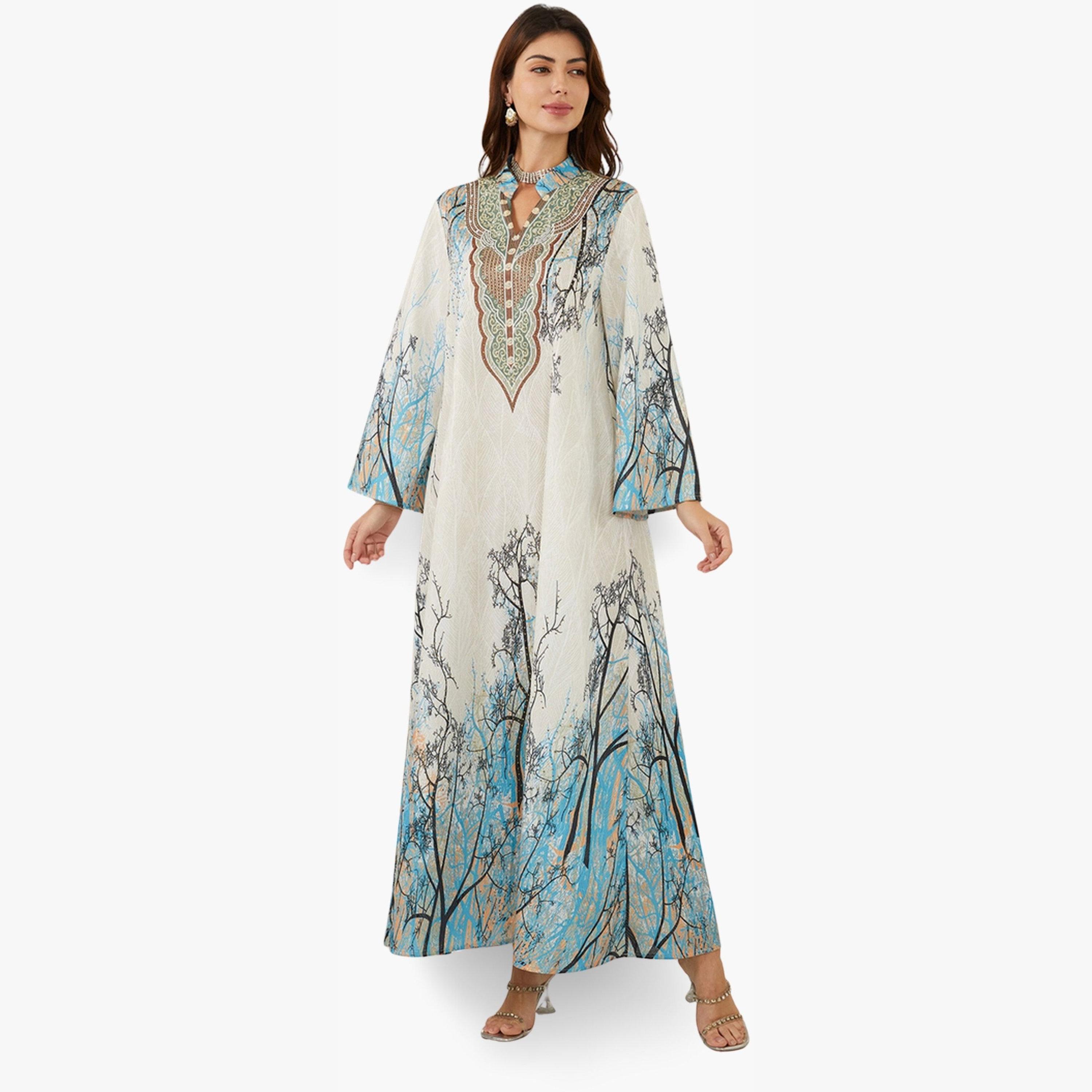 جلابية بياقة ونسيج بارز وطبعة زهور-women-arabicclothing-jalabiyas-image-3
