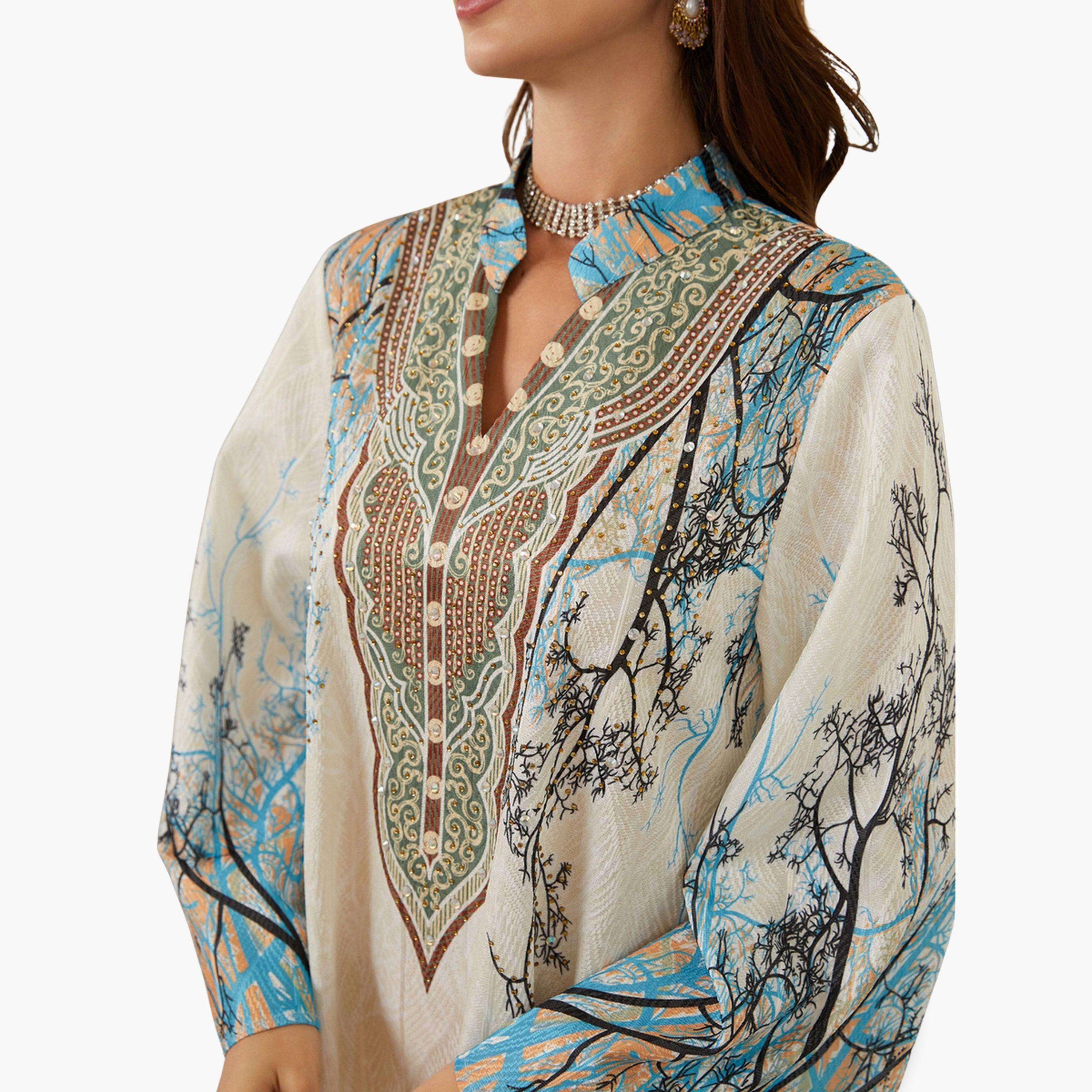 Take Two Women Textured Floral Printed Collared Jalabiya-women-arabicclothing-jalabiyas-image-5