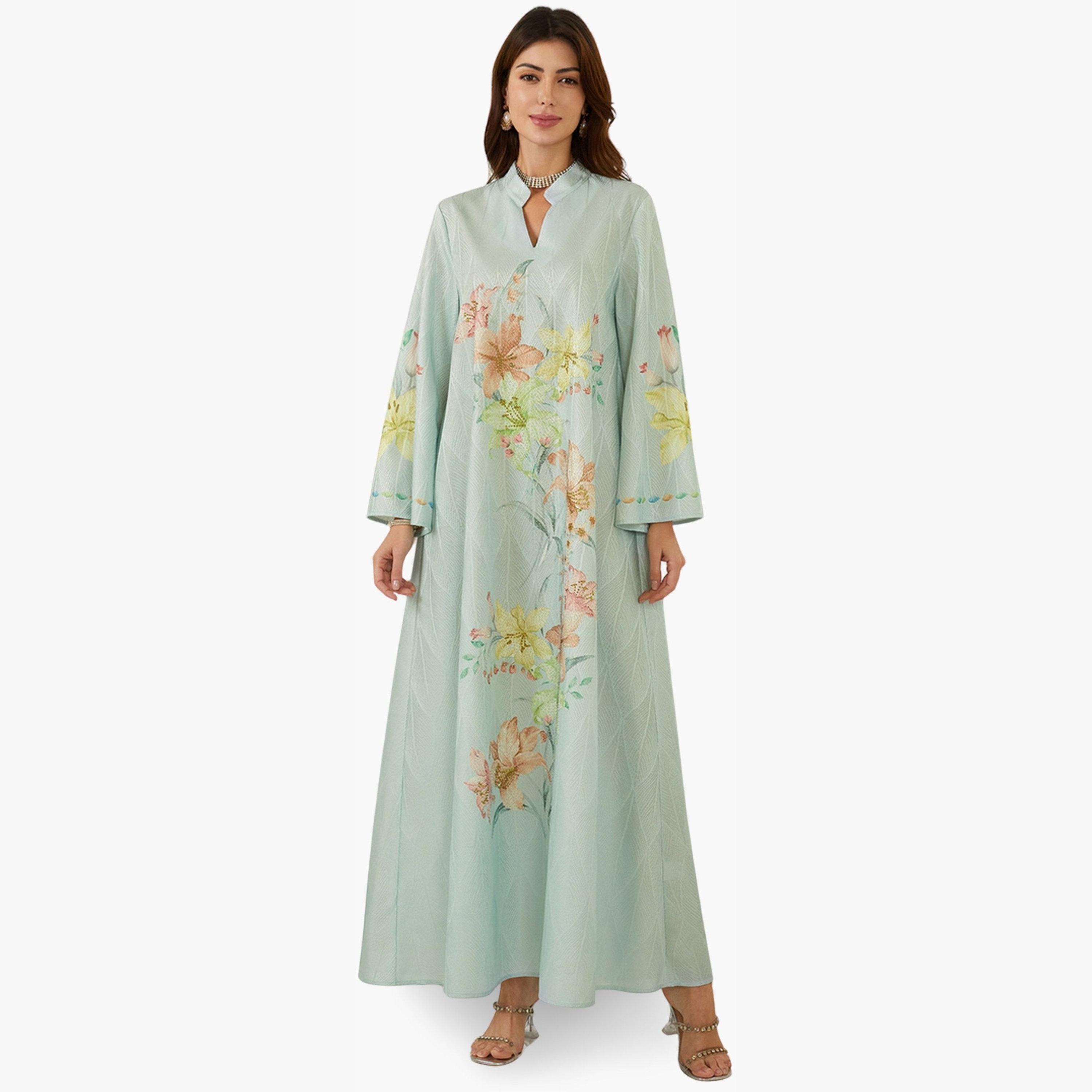 Take Two Women Textured Floral Printed Collared Jalabiya-women-arabicclothing-jalabiyas-image-1