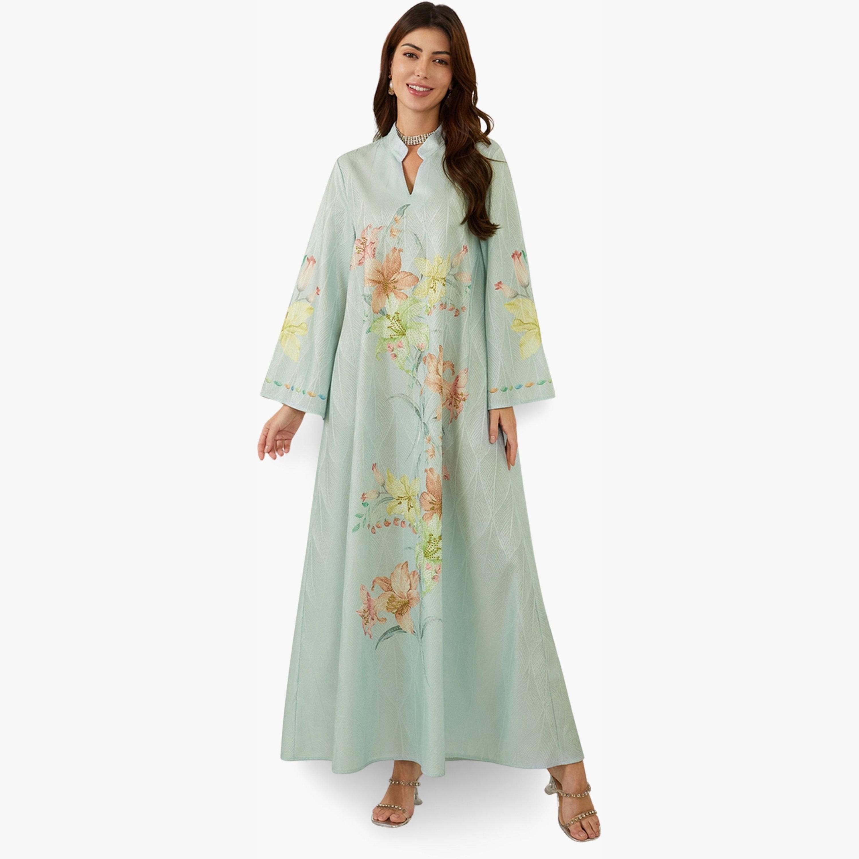 جلابية بياقة ونسيج بارز وطبعة زهور-women-arabicclothing-jalabiyas-image-2
