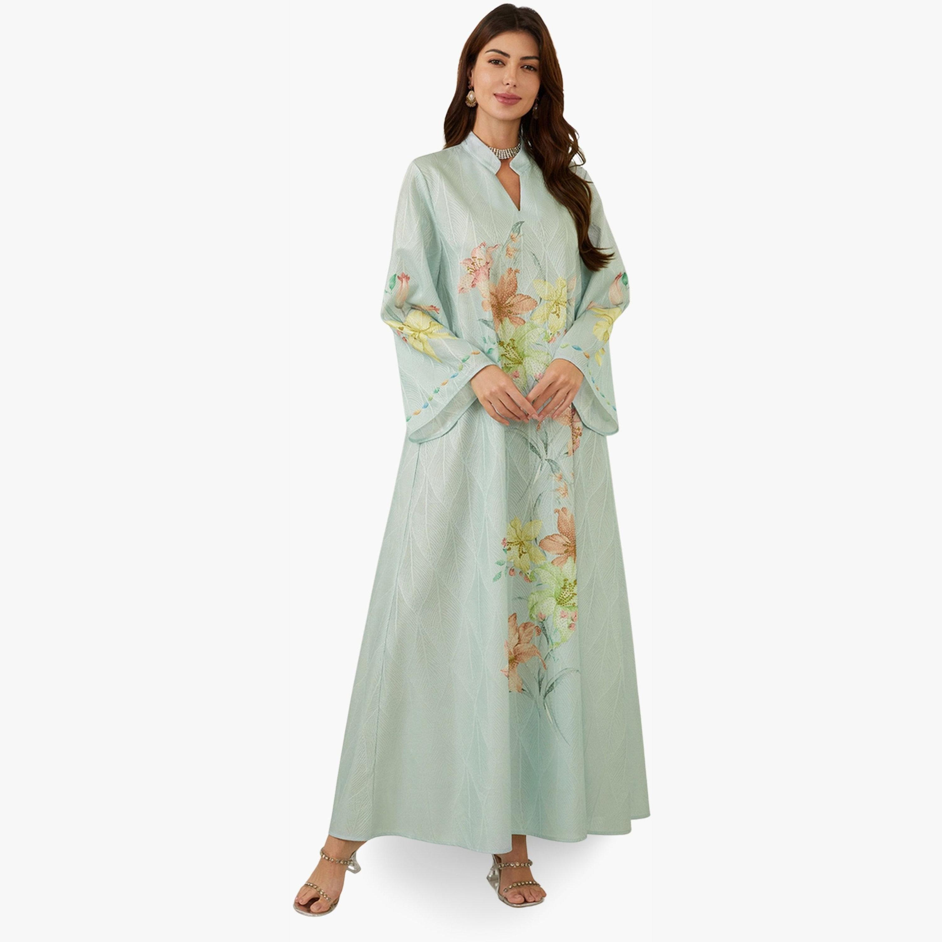 جلابية بياقة ونسيج بارز وطبعة زهور-women-arabicclothing-jalabiyas-image-3