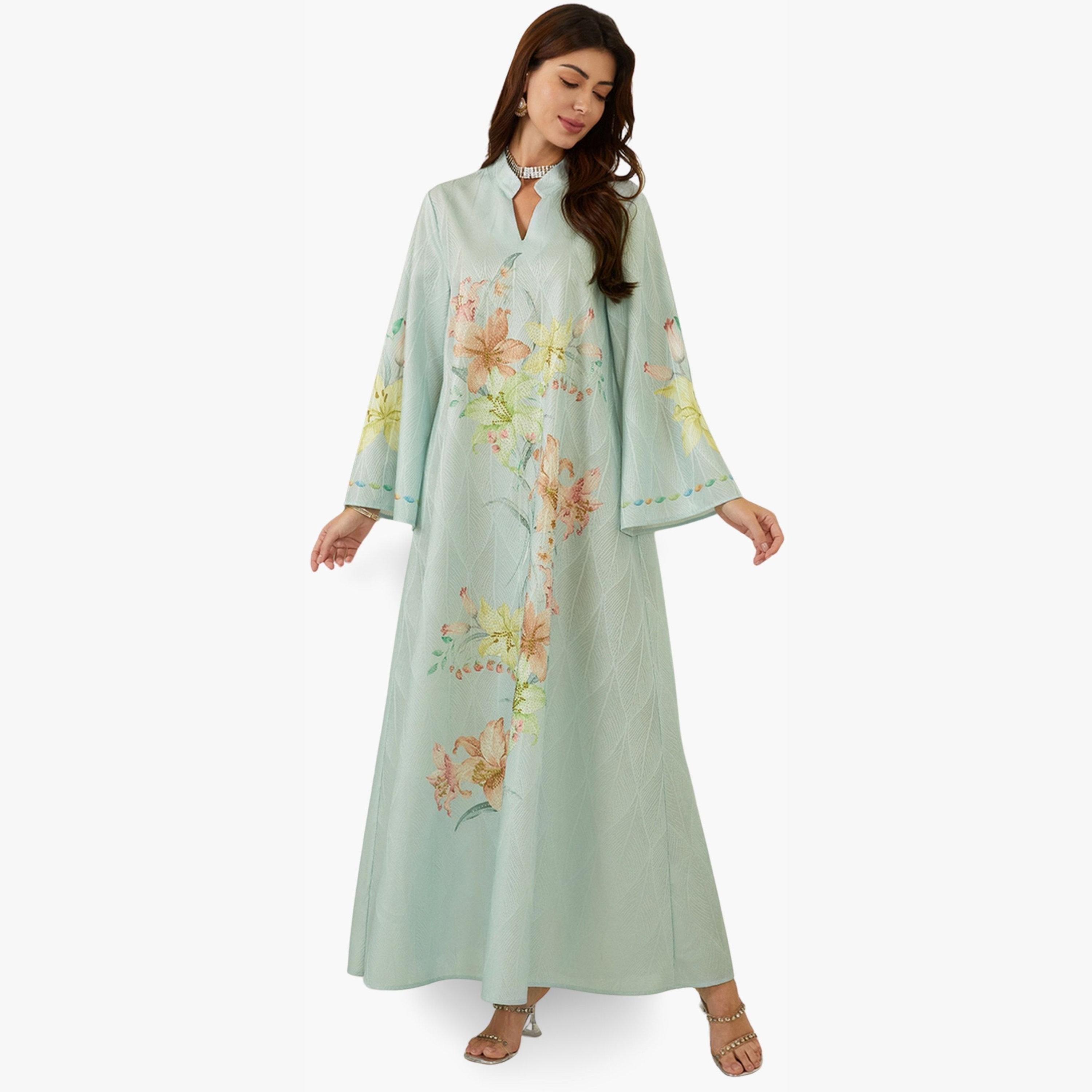 جلابية بياقة ونسيج بارز وطبعة زهور-women-arabicclothing-jalabiyas-image-4