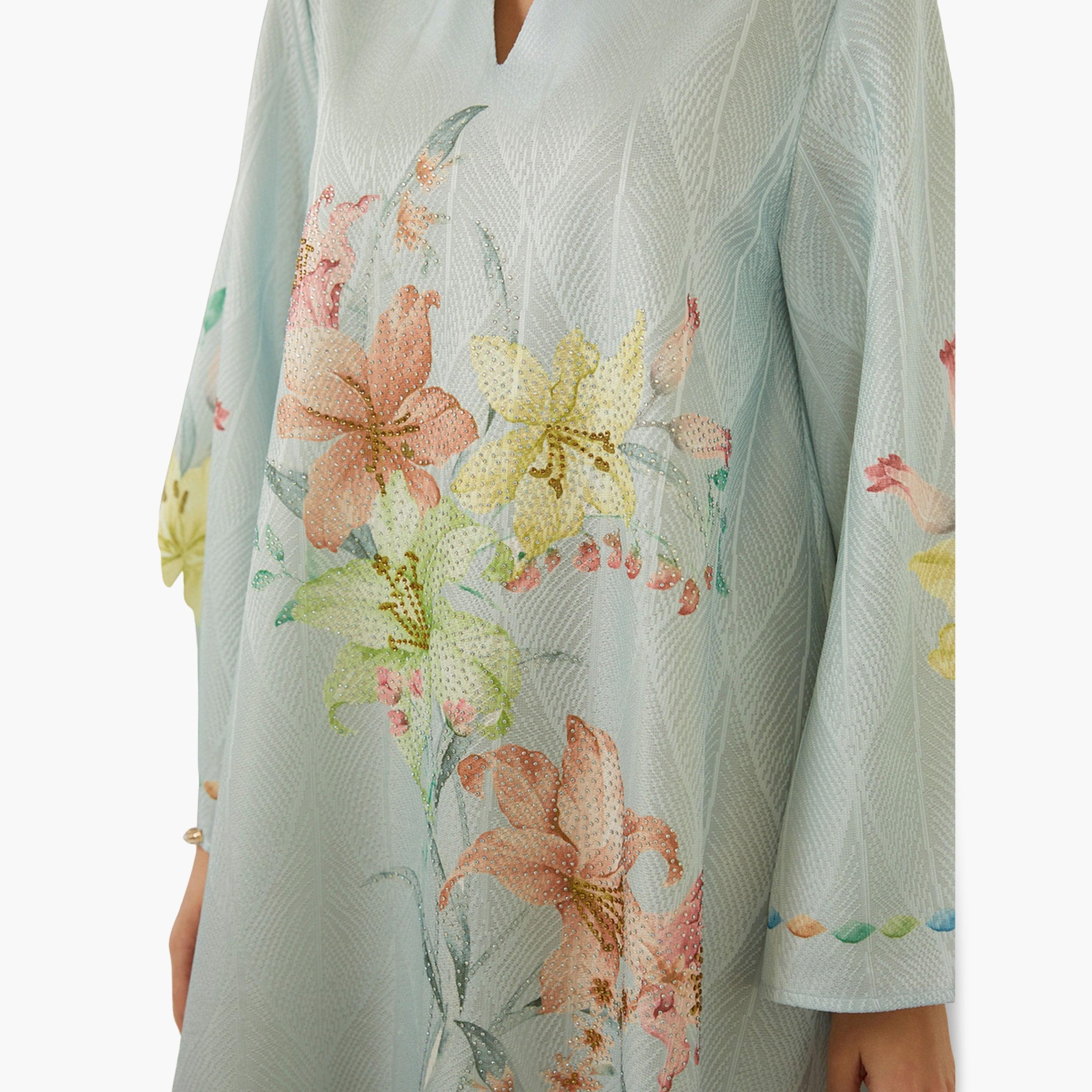 جلابية بياقة ونسيج بارز وطبعة زهور-women-arabicclothing-jalabiyas-image-5