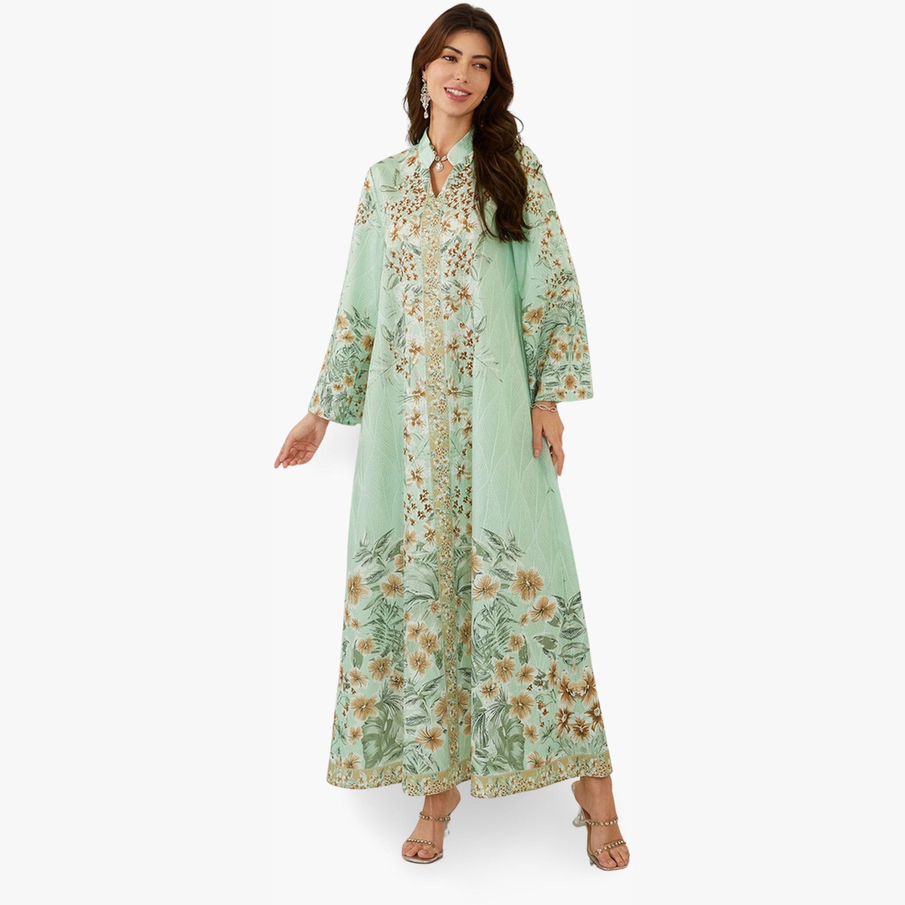 جلابية بياقة ونسيج بارز وطبعة زهور-women-arabicclothing-jalabiyas-image-2