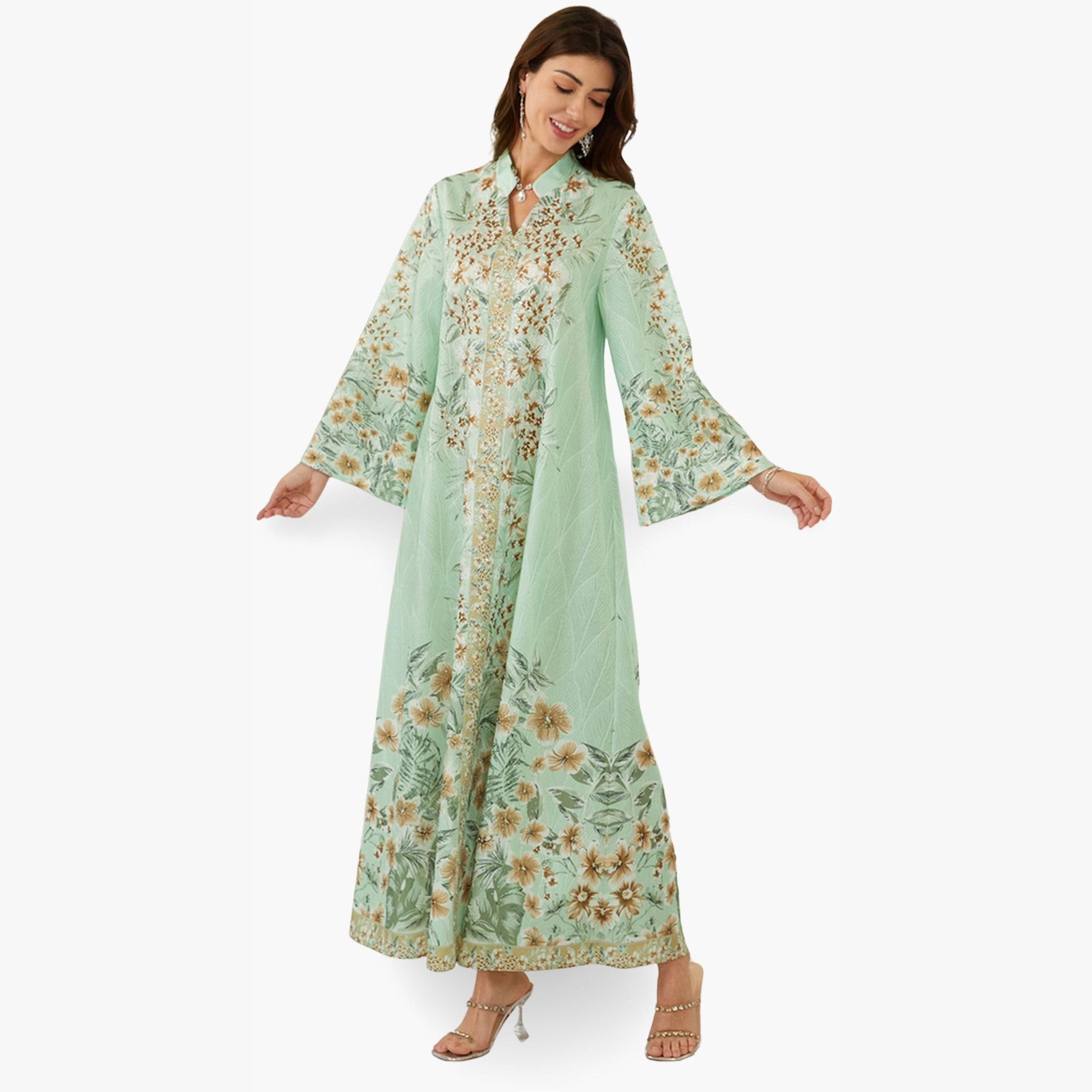 جلابية بياقة ونسيج بارز وطبعة زهور-women-arabicclothing-jalabiyas-image-4
