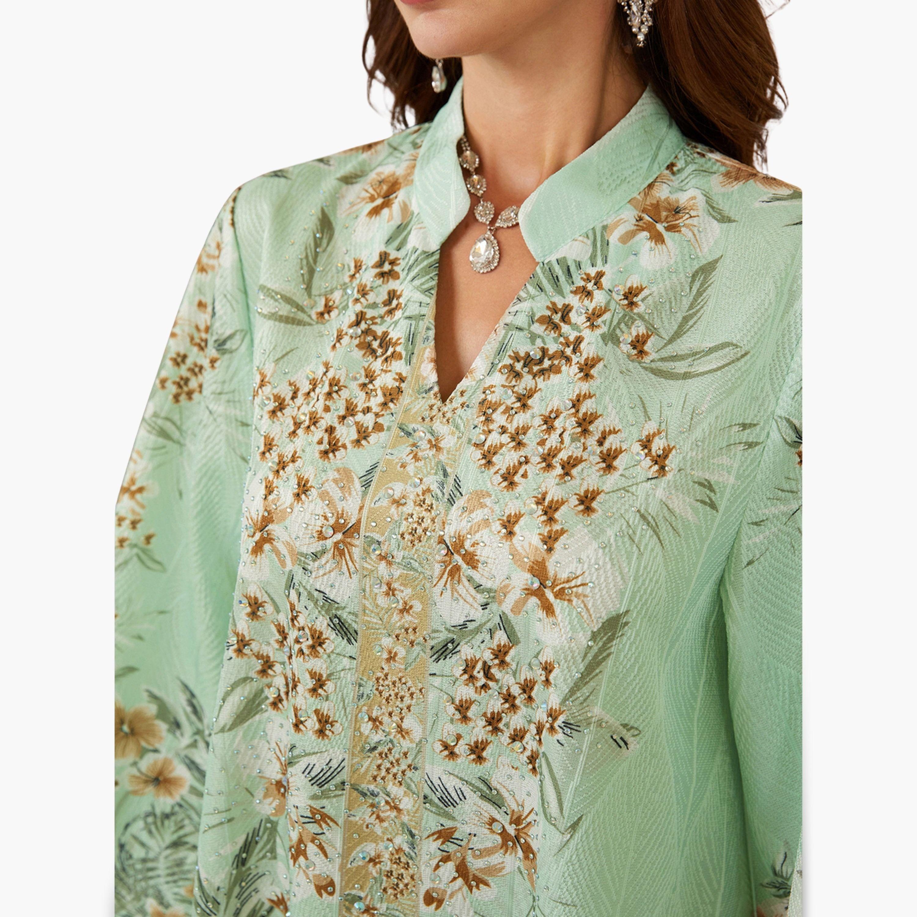 Take Two Women Textured Floral Printed Collared Jalabiya-women-arabicclothing-jalabiyas-image-5