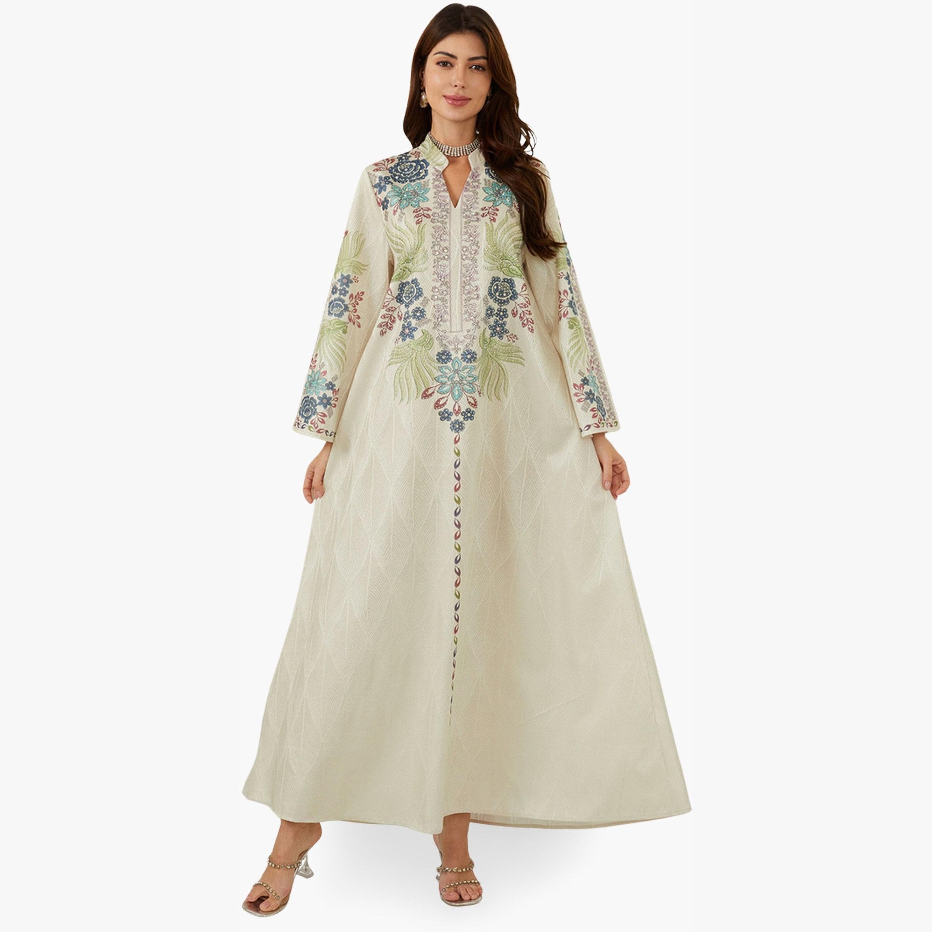 جلابية بياقة ونسيج بارز وطبعة زهور-women-arabicclothing-jalabiyas-image-1