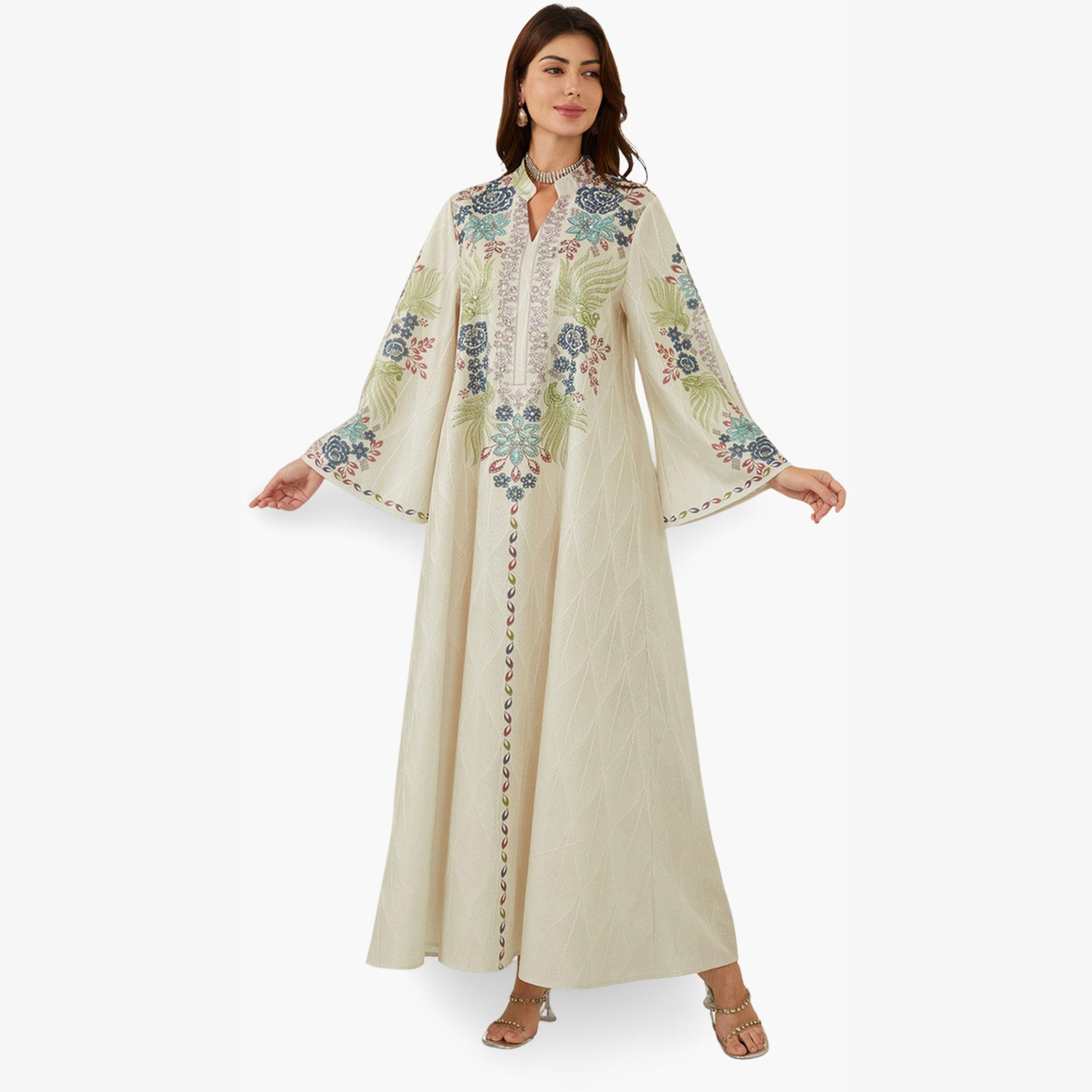 جلابية بياقة ونسيج بارز وطبعة زهور-women-arabicclothing-jalabiyas-image-2