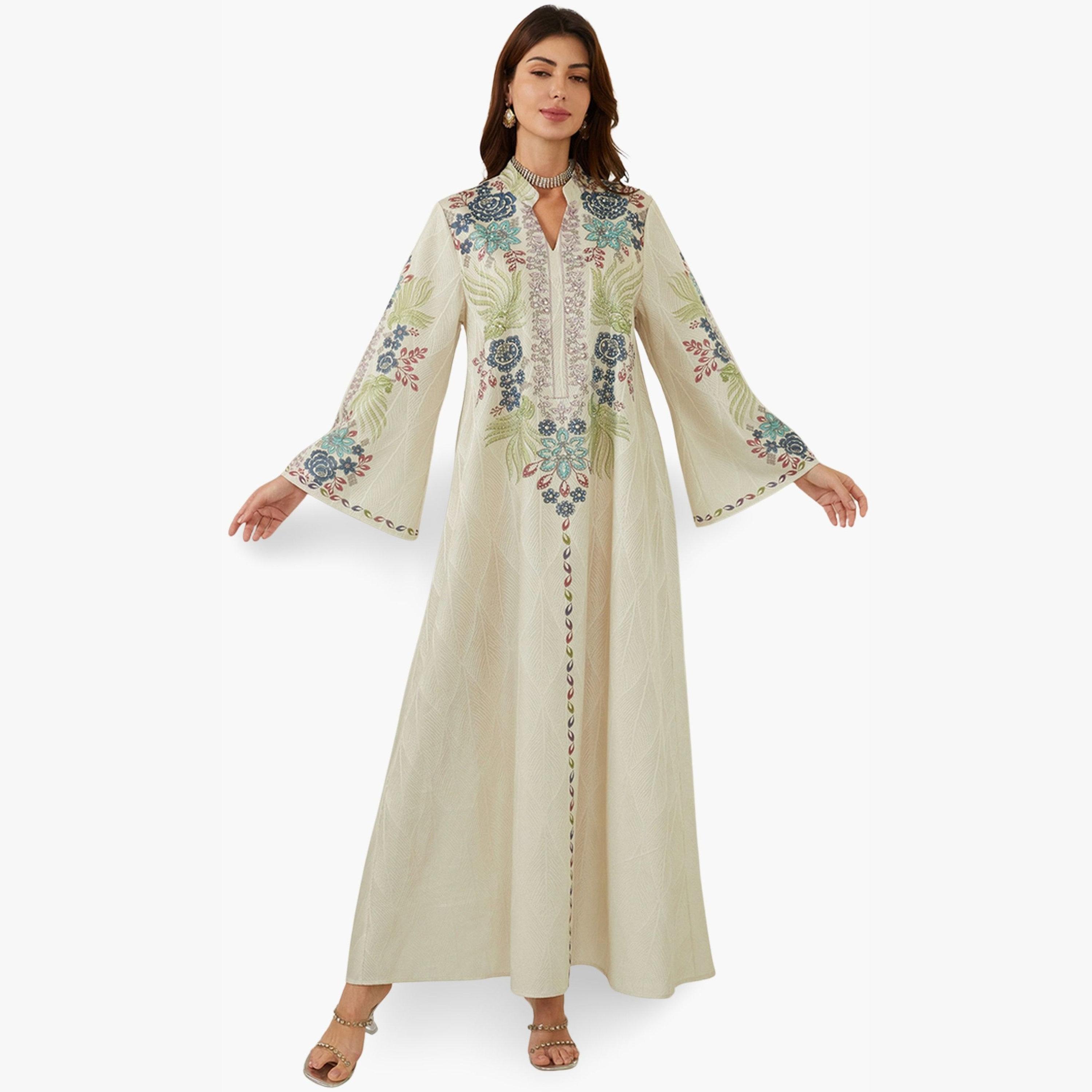 جلابية بياقة ونسيج بارز وطبعة زهور-women-arabicclothing-jalabiyas-image-3