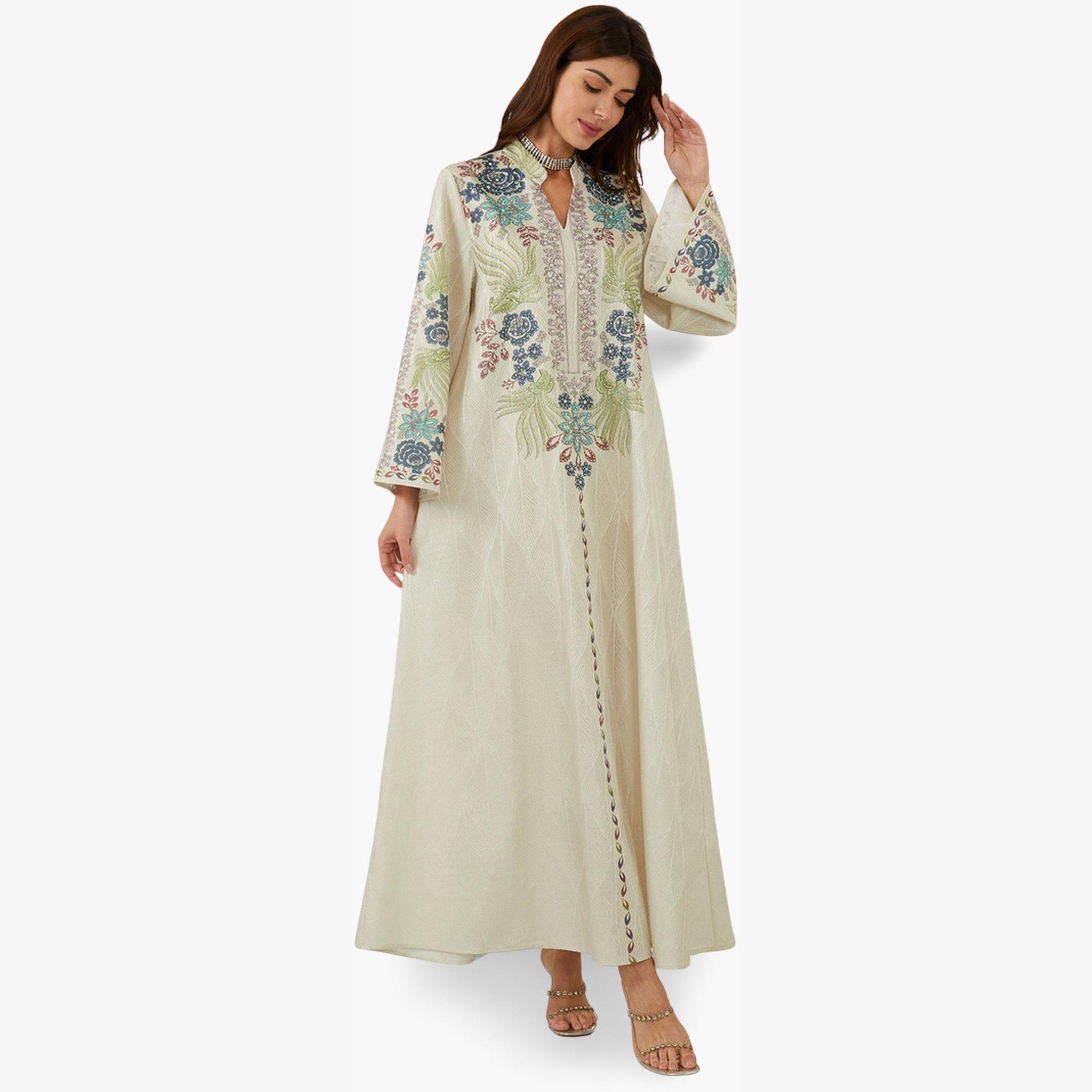 جلابية بياقة ونسيج بارز وطبعة زهور-women-arabicclothing-jalabiyas-image-4