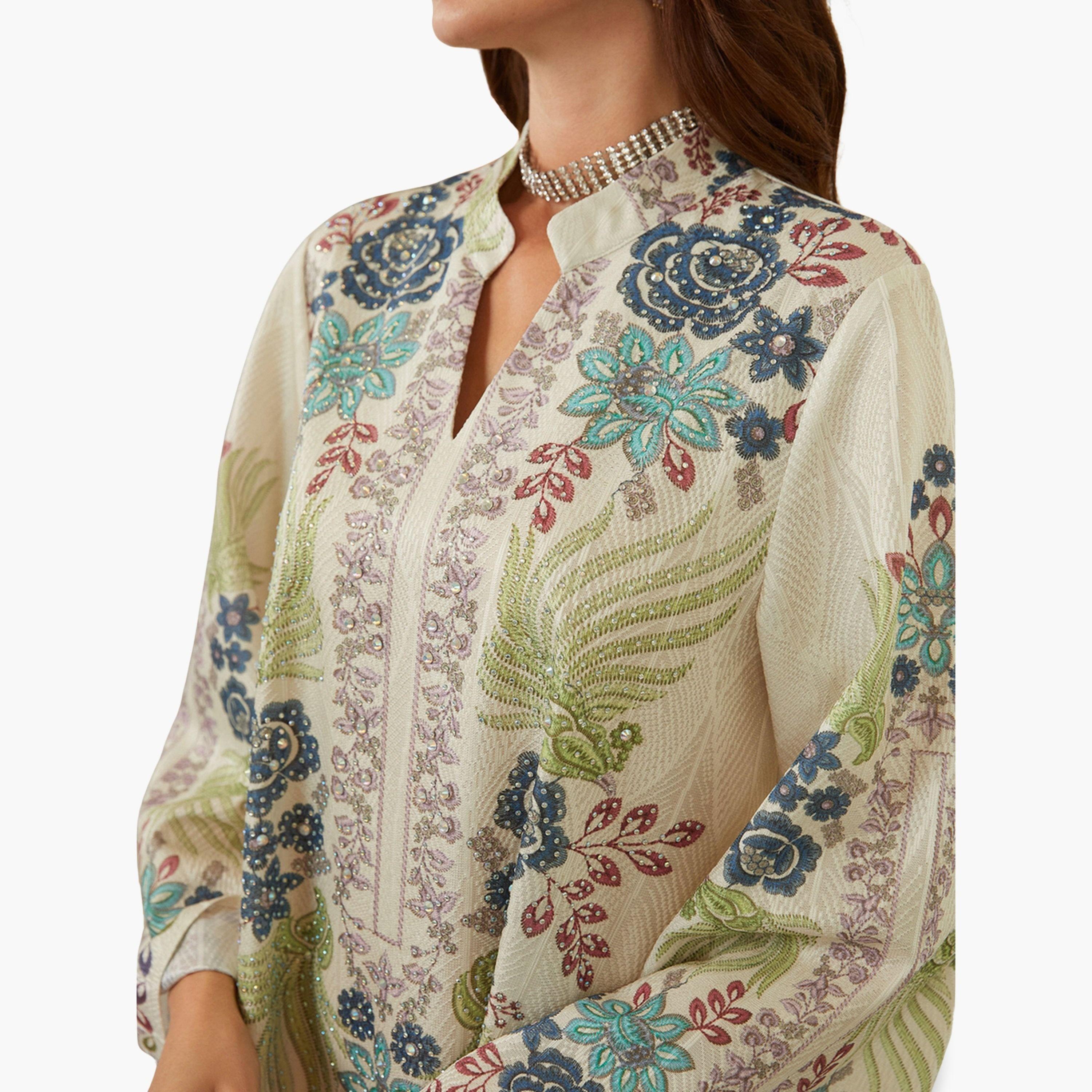 جلابية بياقة ونسيج بارز وطبعة زهور-women-arabicclothing-jalabiyas-image-5
