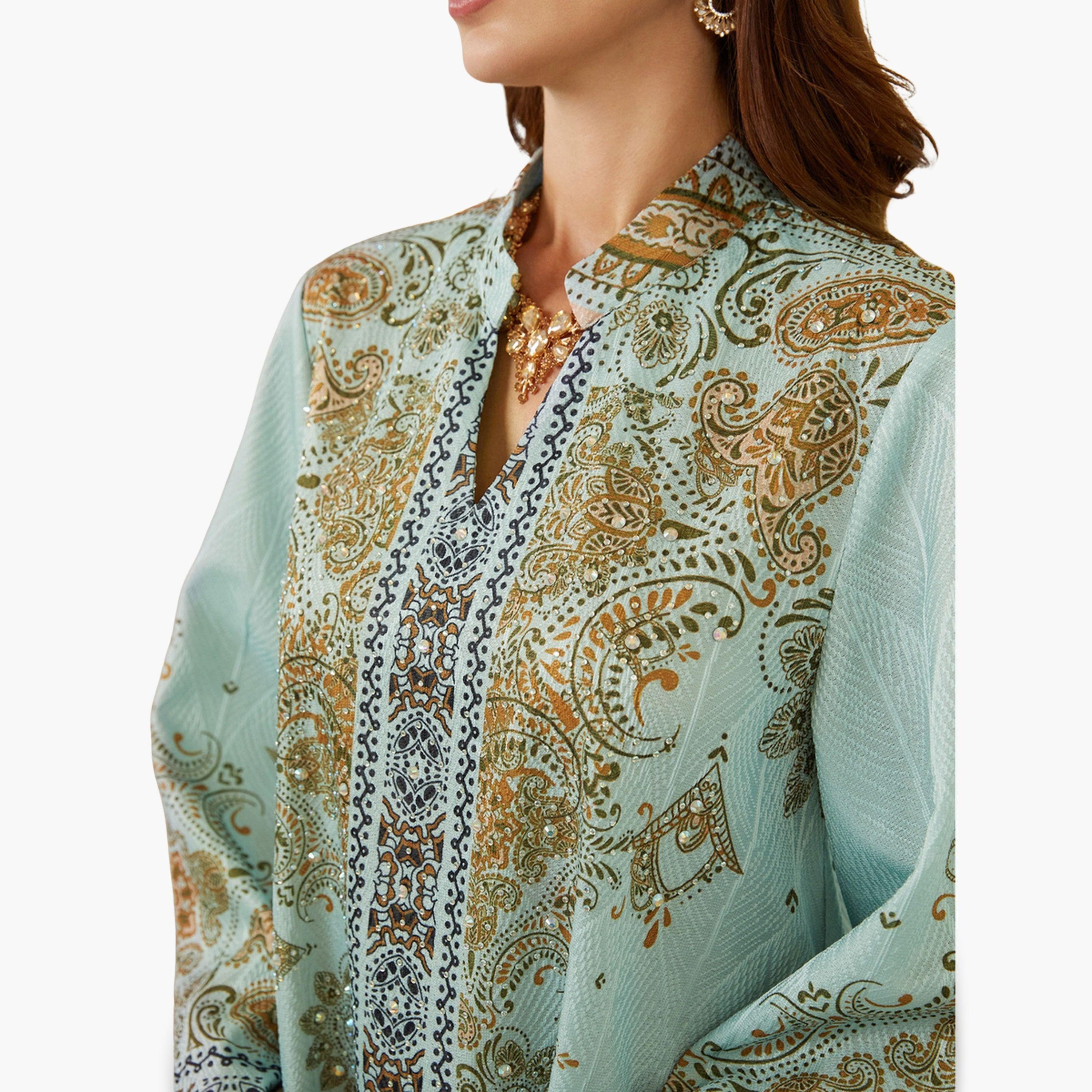 جلابية بياقة ونسيج بارز وطبعة زهور-women-arabicclothing-jalabiyas-image-5