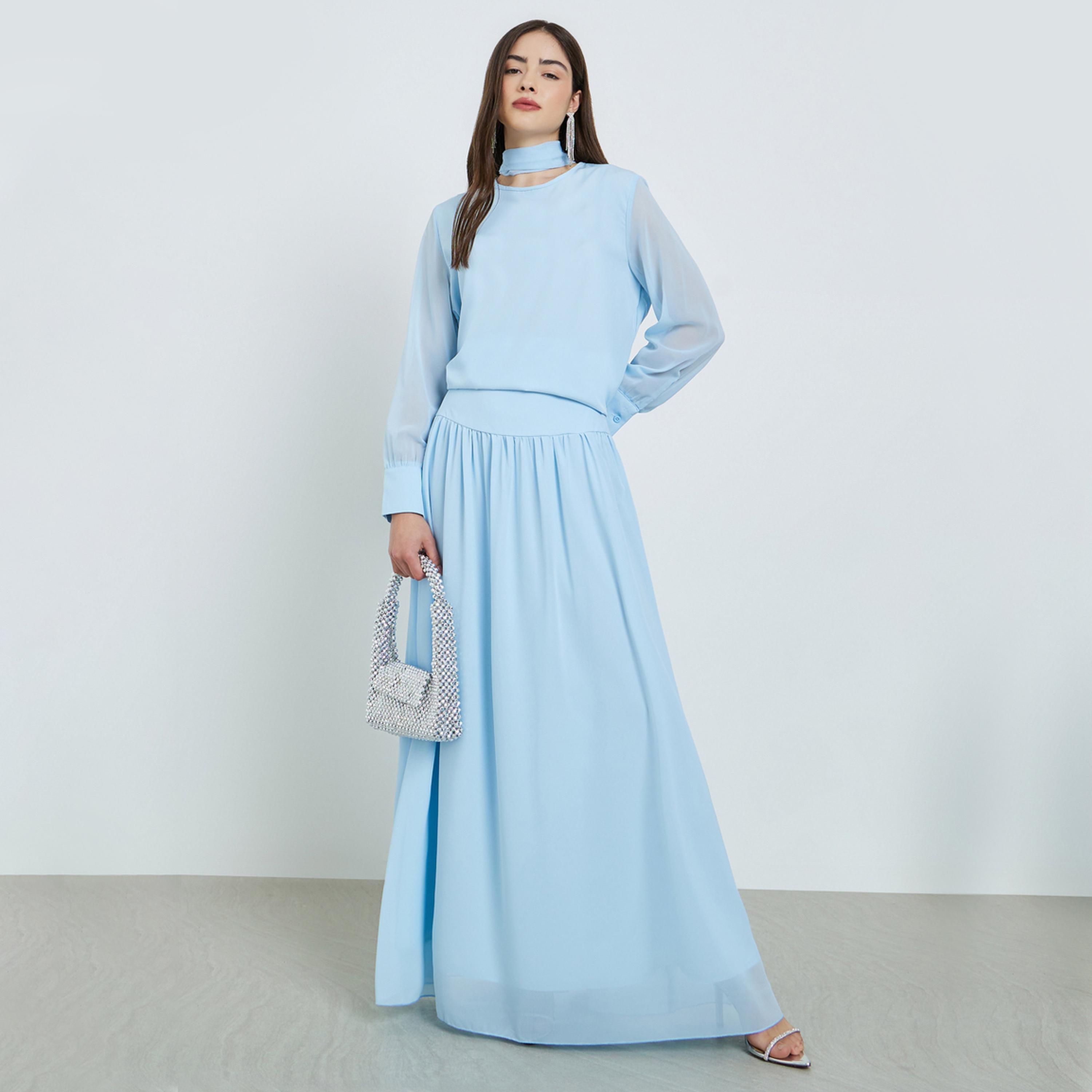 Styli Blue Chiffon Tie-Detail Blouse and Skirt Co-Ords-women-clothing-coordsets-image-1