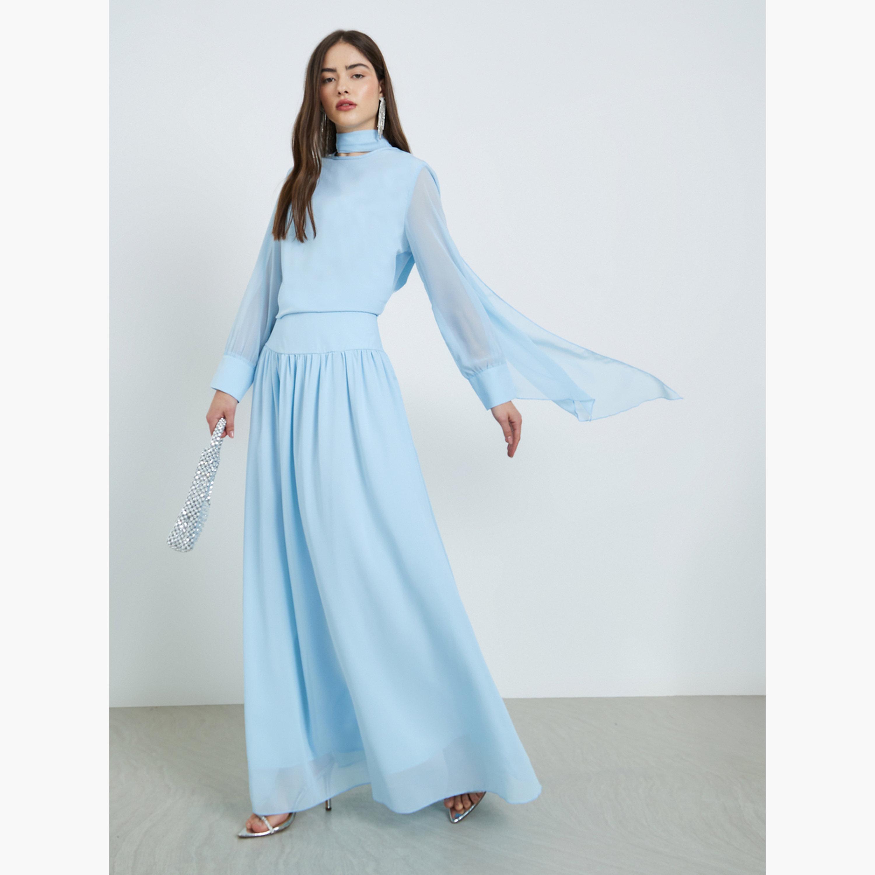Styli Blue Chiffon Tie-Detail Blouse and Skirt Co-Ords-women-clothing-coordsets-image-2