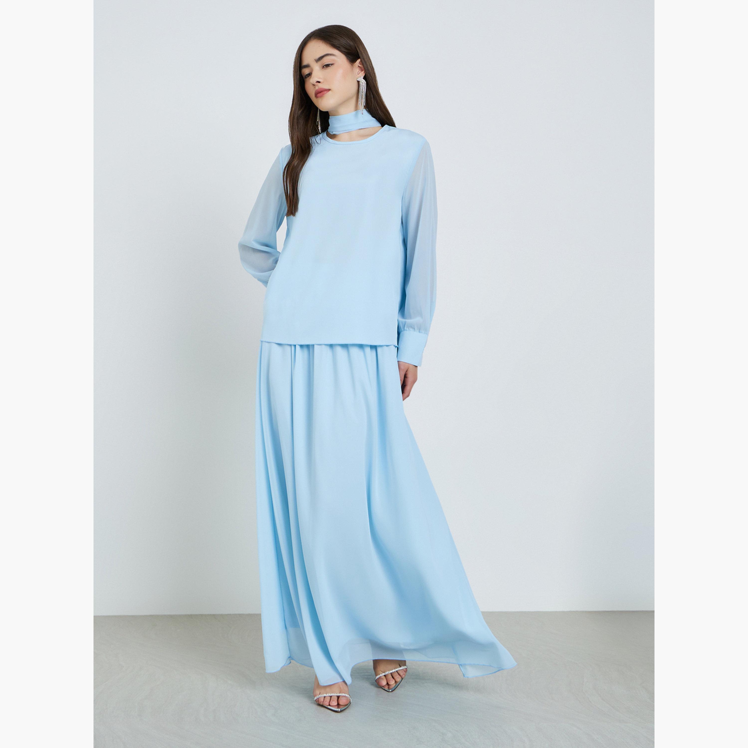 طقم منسق بلوزة شيفون بربطة وتنورة باللون الأزرق-women-clothing-coordsets-image-3