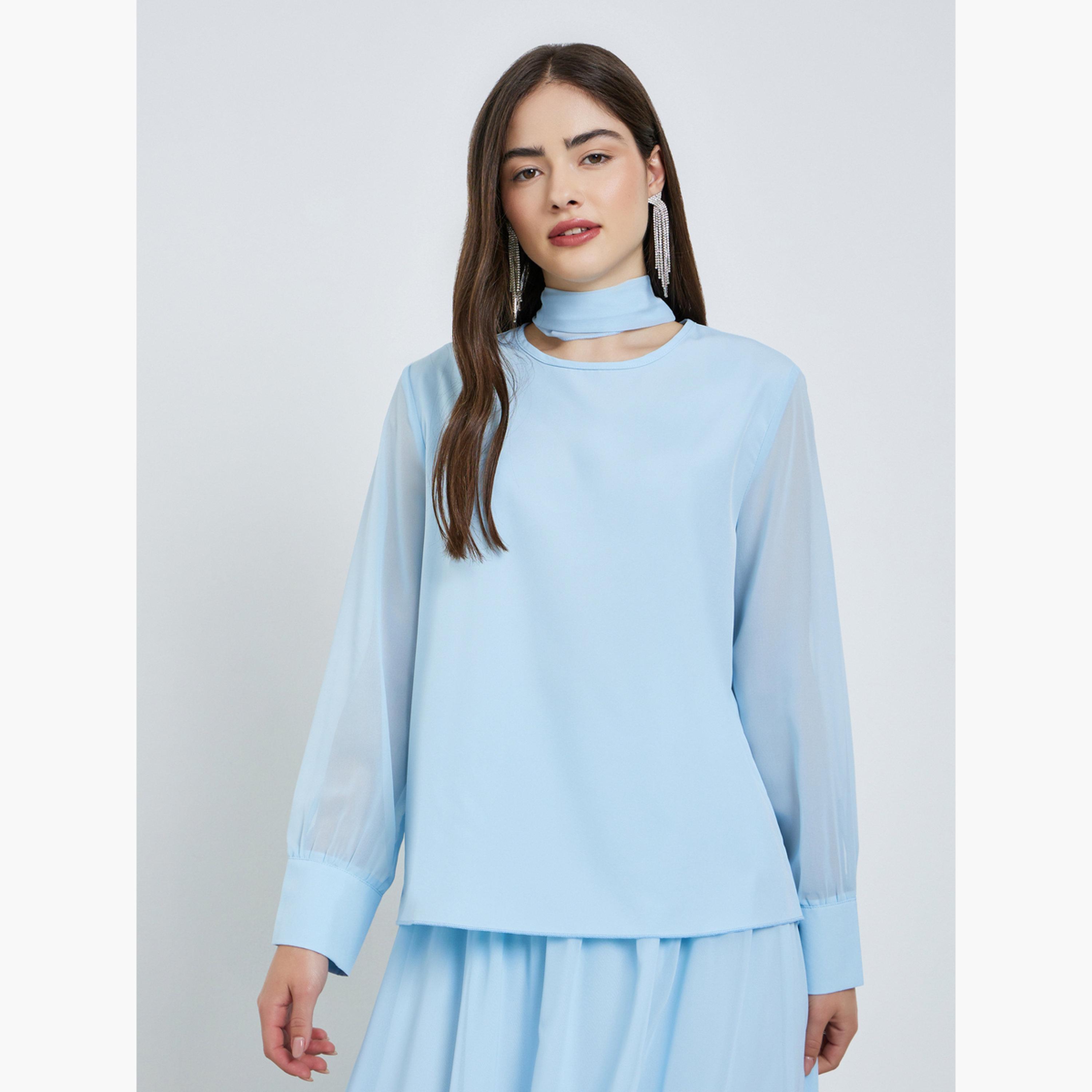 طقم منسق بلوزة شيفون بربطة وتنورة باللون الأزرق-women-clothing-coordsets-image-4