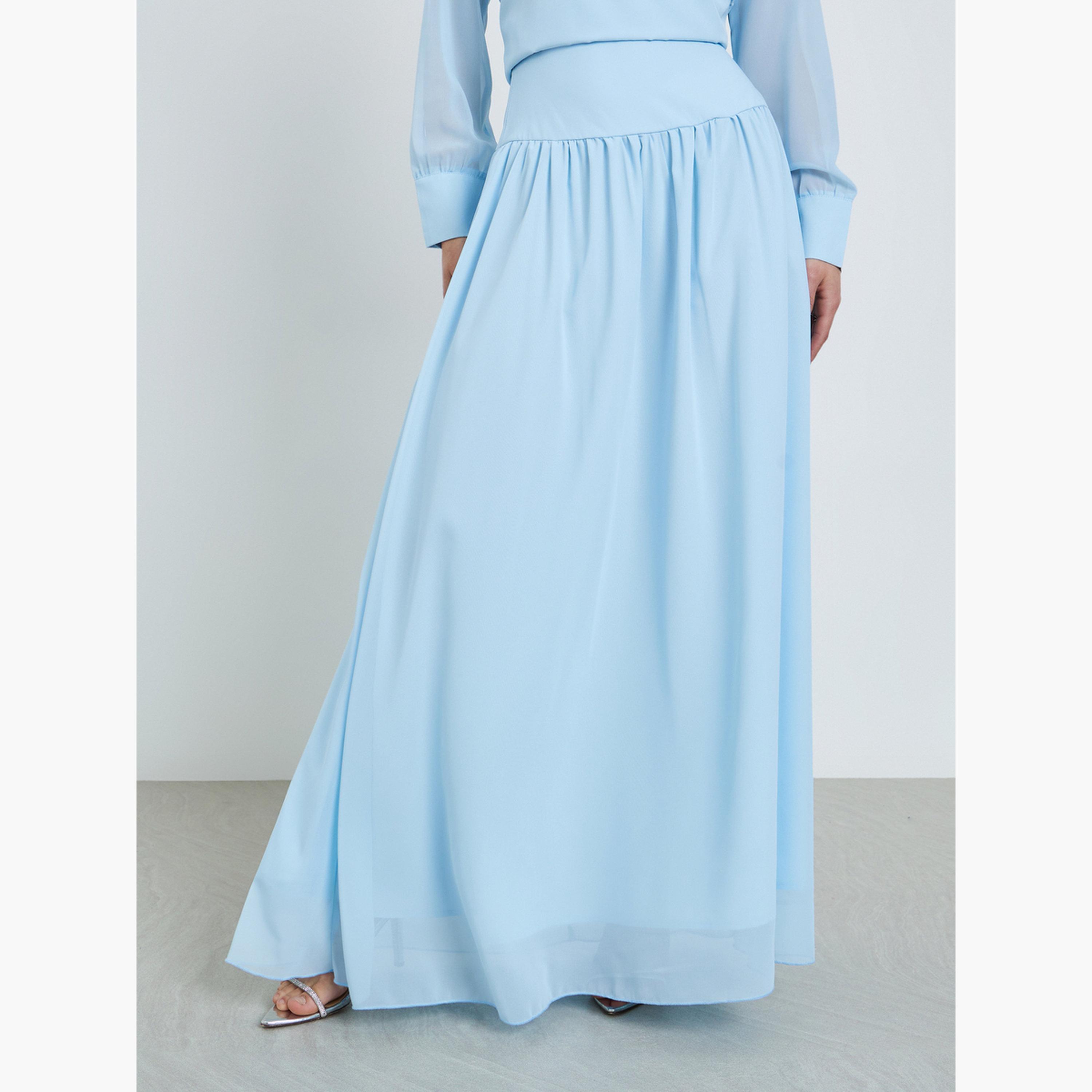 طقم منسق بلوزة شيفون بربطة وتنورة باللون الأزرق-women-clothing-coordsets-image-5