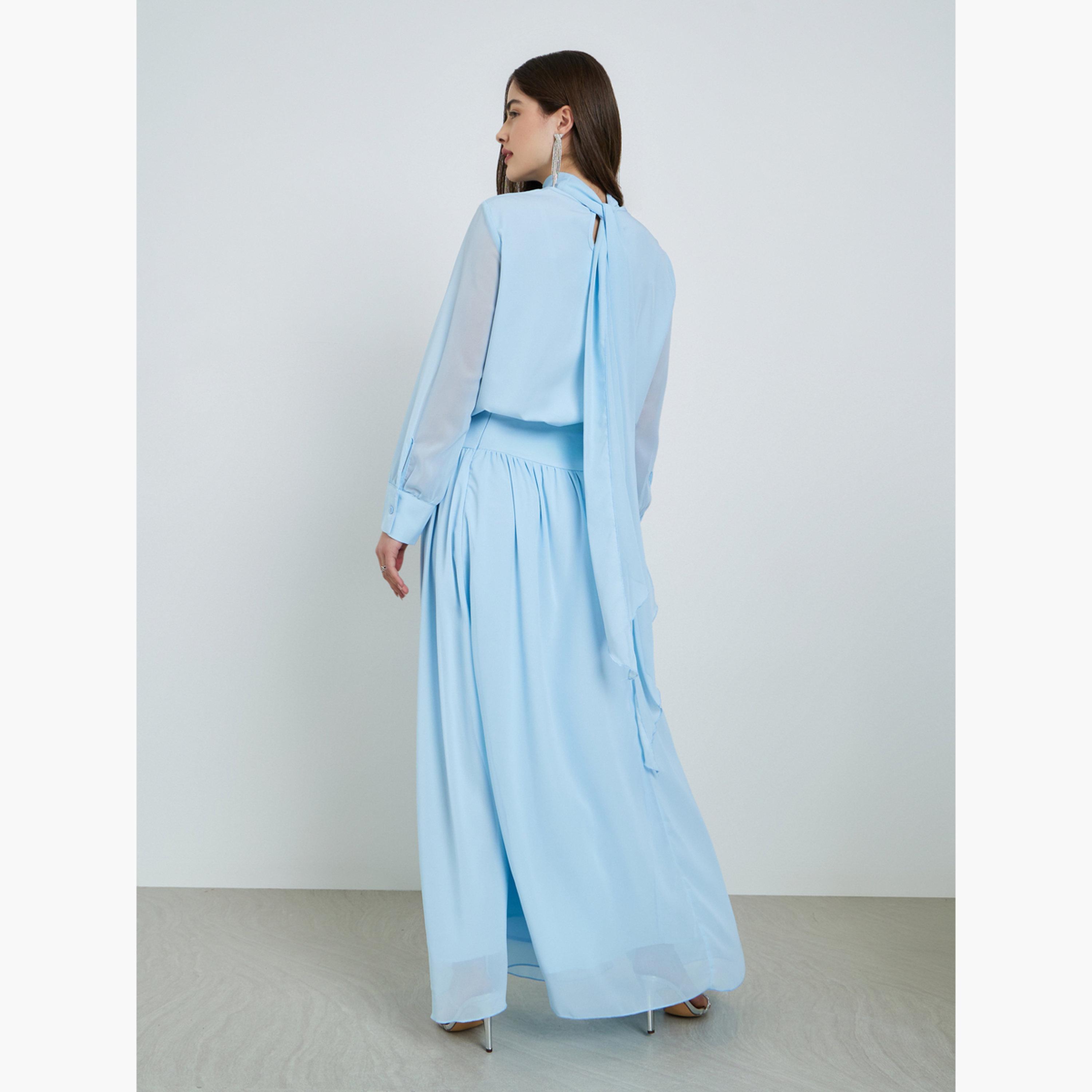 Styli Blue Chiffon Tie-Detail Blouse and Skirt Co-Ords-women-clothing-coordsets-image-6