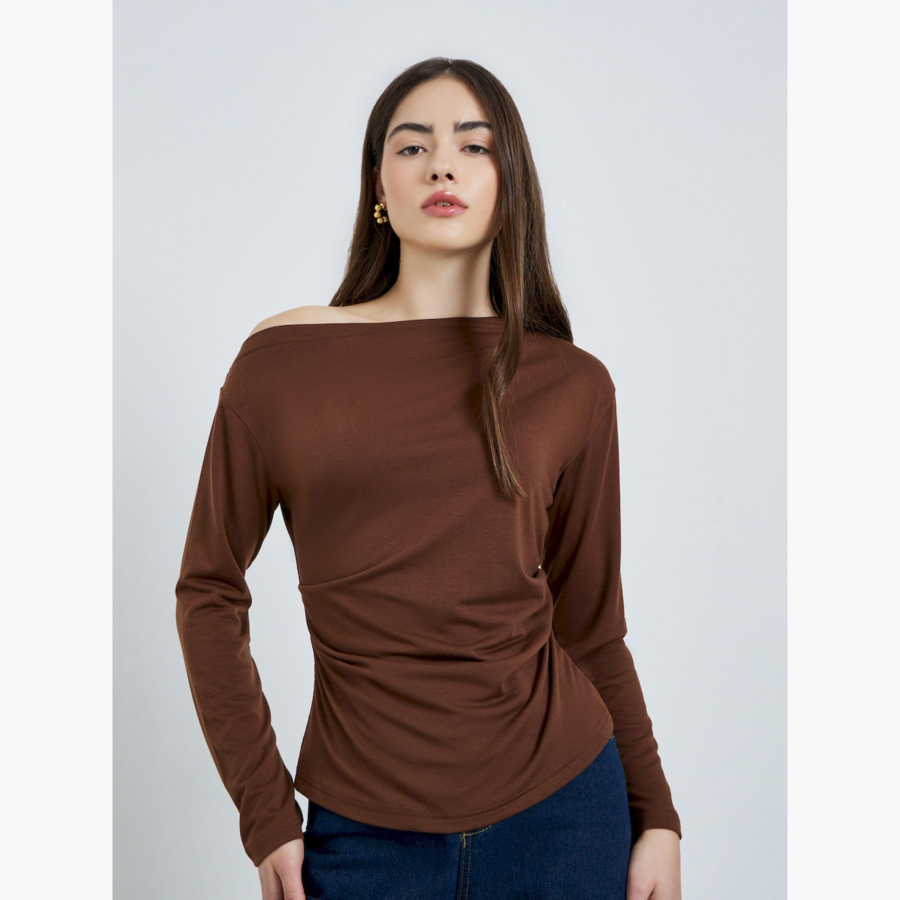 Styli Brown Asymmetric Neck Knit Top-women-clothing-shirtsandblouses-blouses-image-1