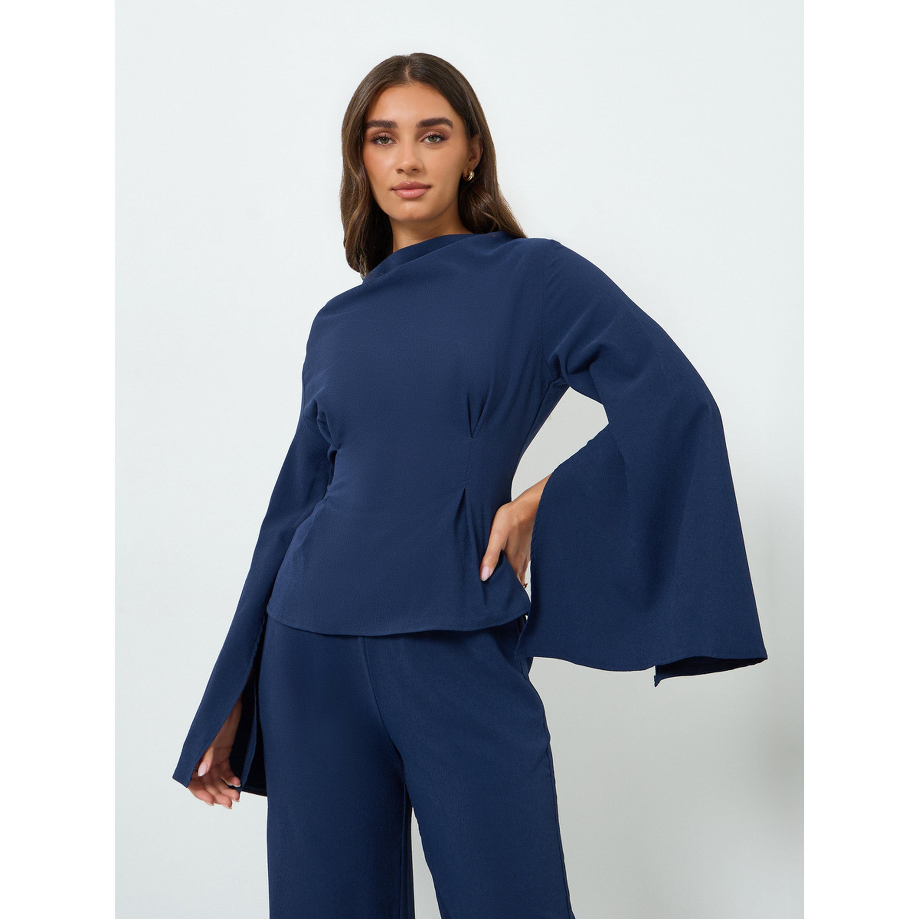 طقم منسق من بنطال وبلوزة بخصر مزموم وأكمام بشق-women-clothing-coordsets-image-3