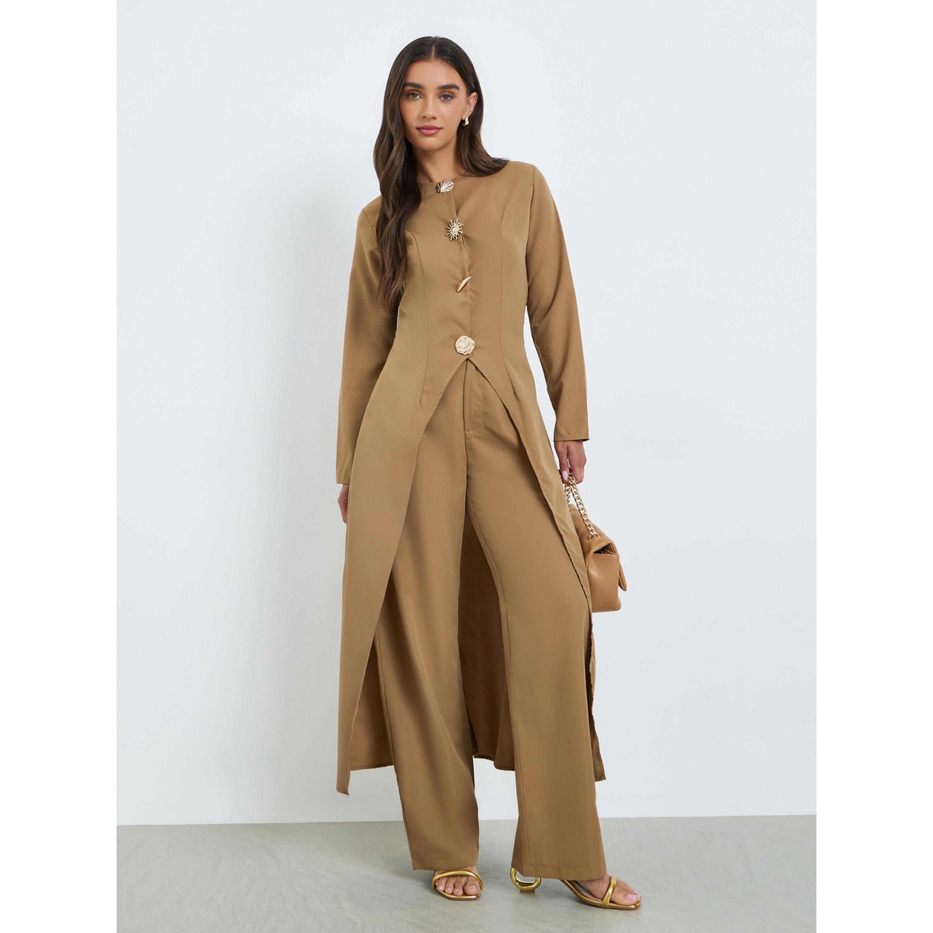 طقم من بلوزة طويل بأزرار معدنية وبنطال-women-clothing-coordsets-image-1