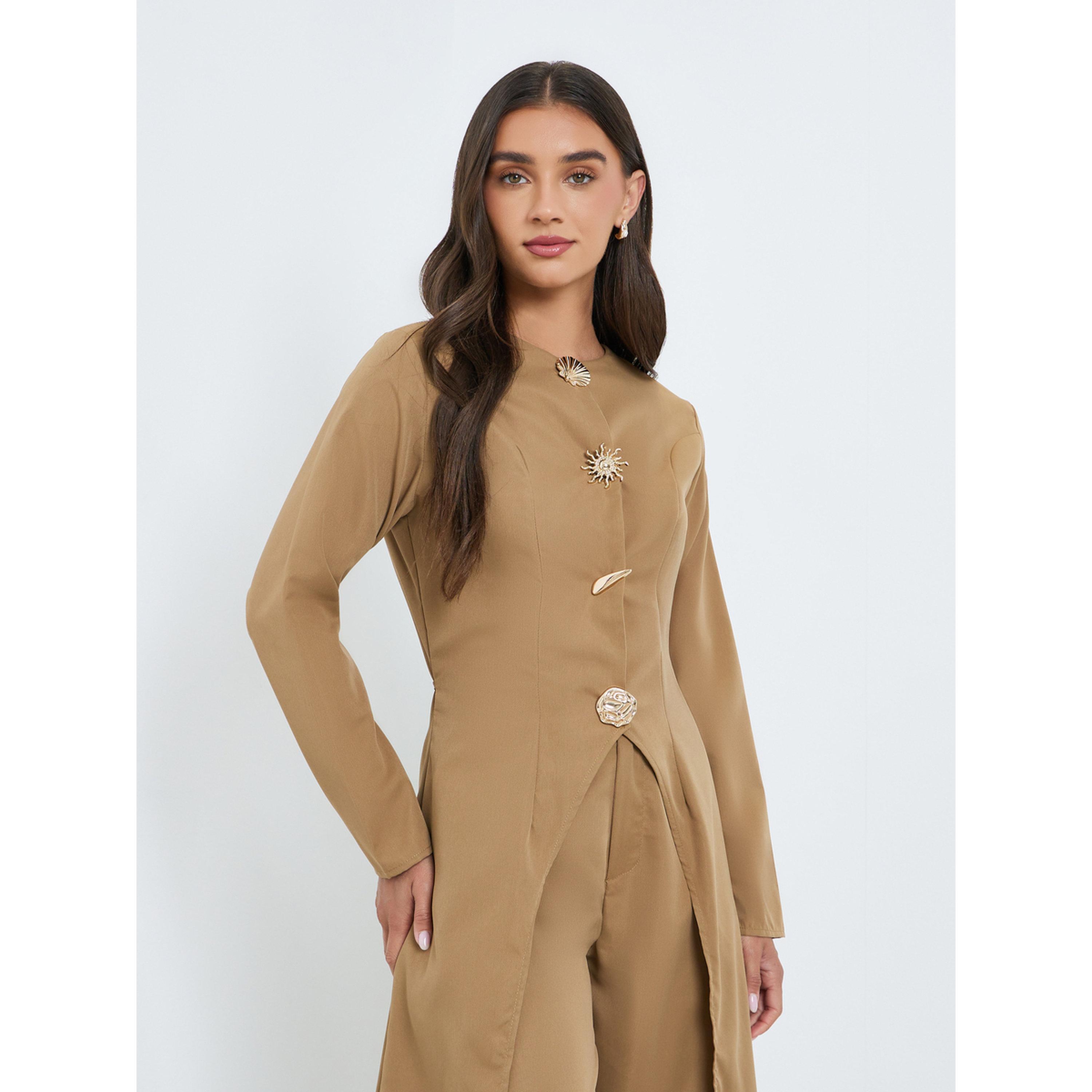 طقم من بلوزة طويل بأزرار معدنية وبنطال-women-clothing-coordsets-image-2