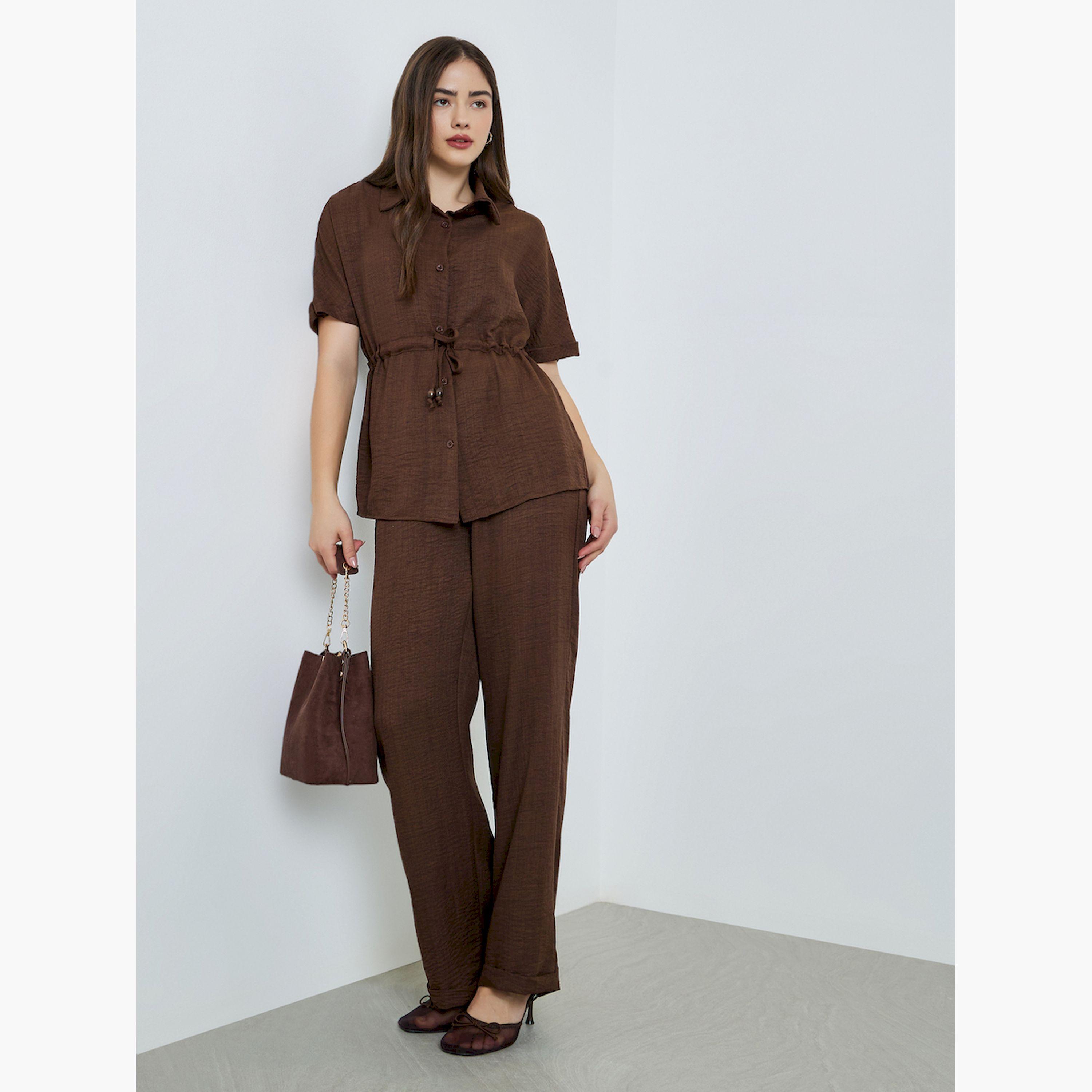 Styli Brown Waist Drawstring Shirt and Pants Co-ords-women-clothing-coordsets-image-2