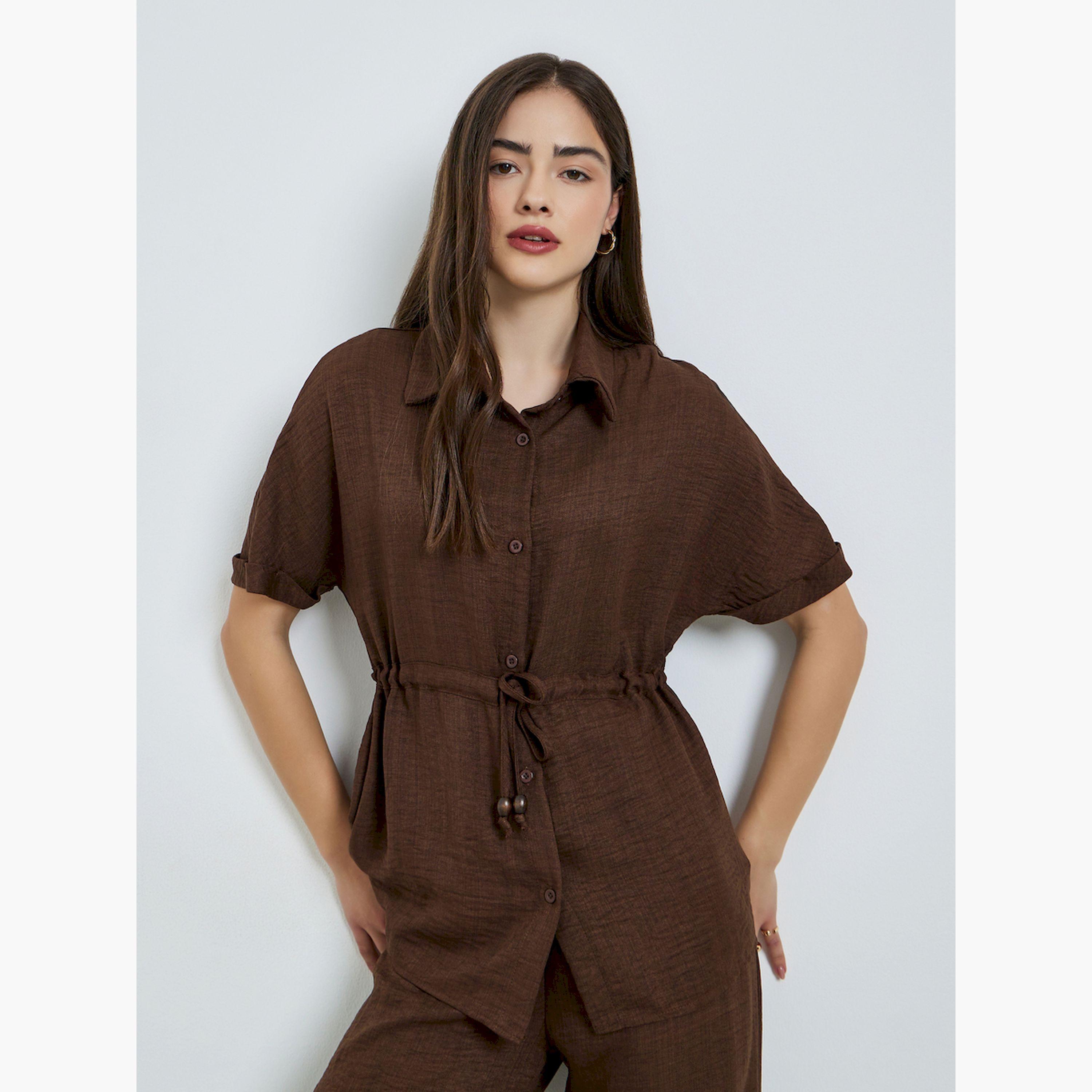 Styli Brown Waist Drawstring Shirt and Pants Co-ords-women-clothing-coordsets-image-3