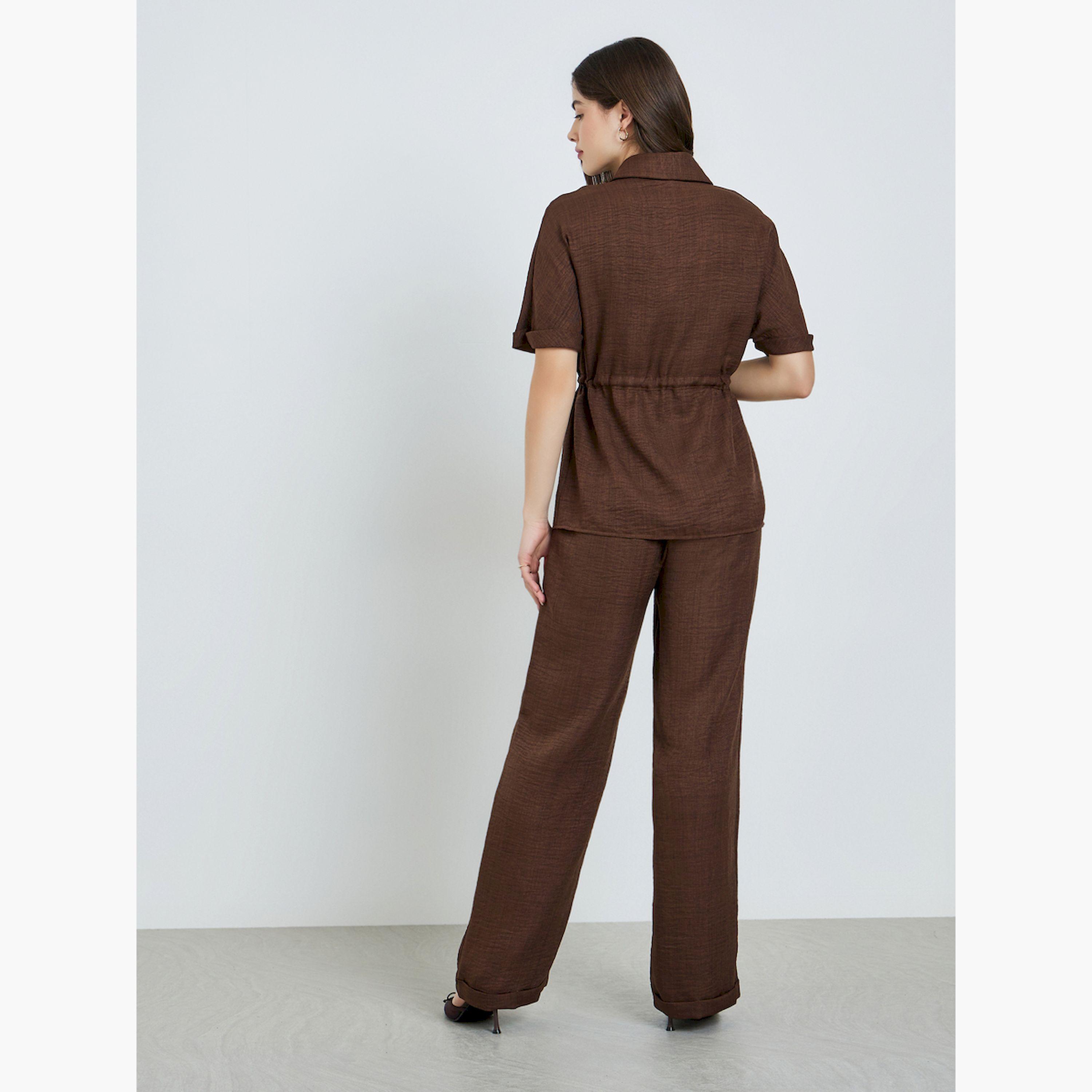 Styli Brown Waist Drawstring Shirt and Pants Co-ords-women-clothing-coordsets-image-4