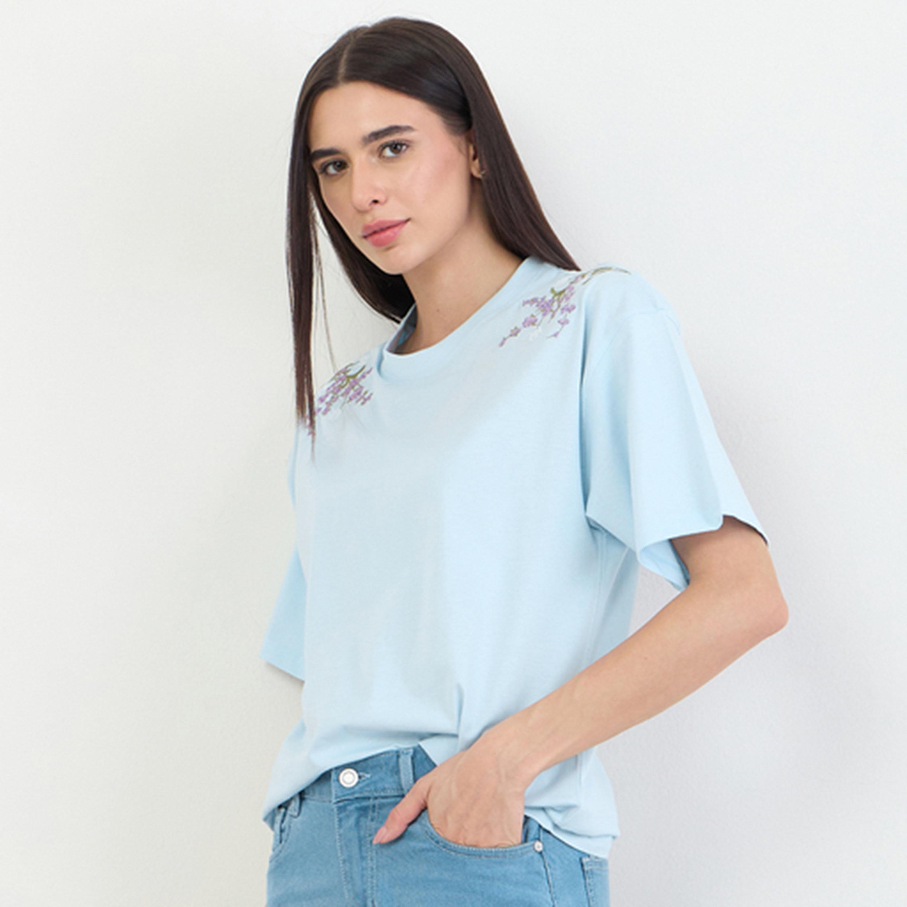 Styli Blue Oversized Shoulder Embroidered 100% Cotton T-Shirt-women-clothing-tshirts-image-1
