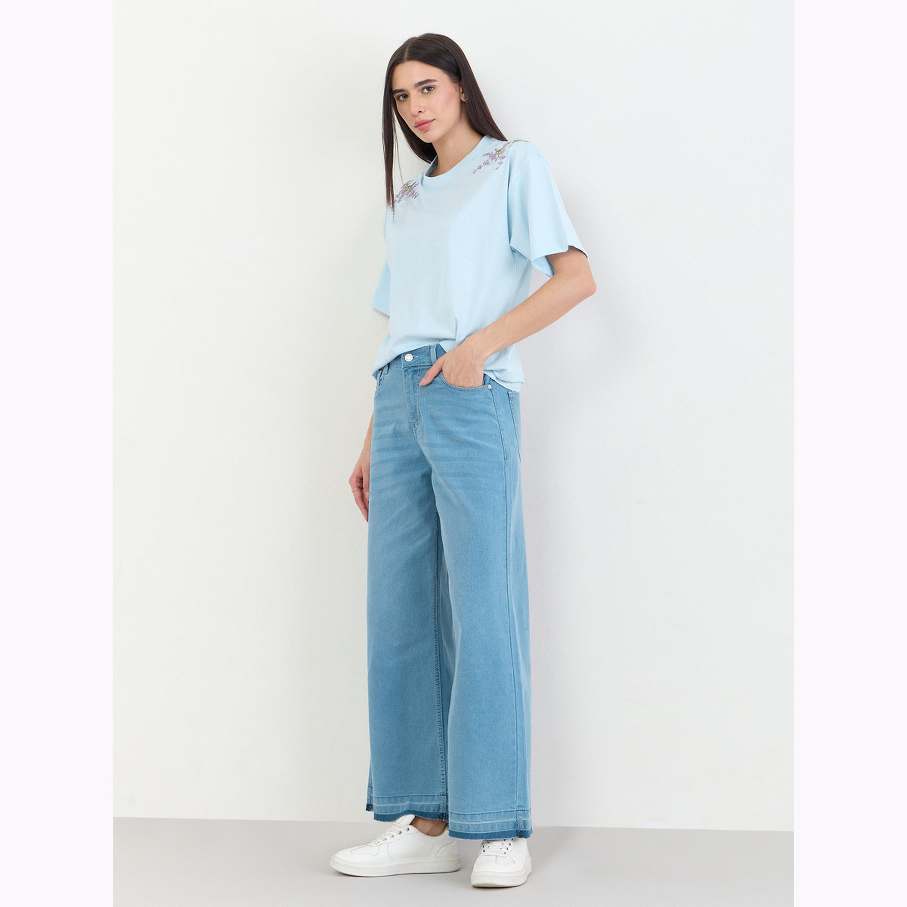 Styli Blue Oversized Shoulder Embroidered 100% Cotton T-Shirt-women-clothing-tshirts-image-2