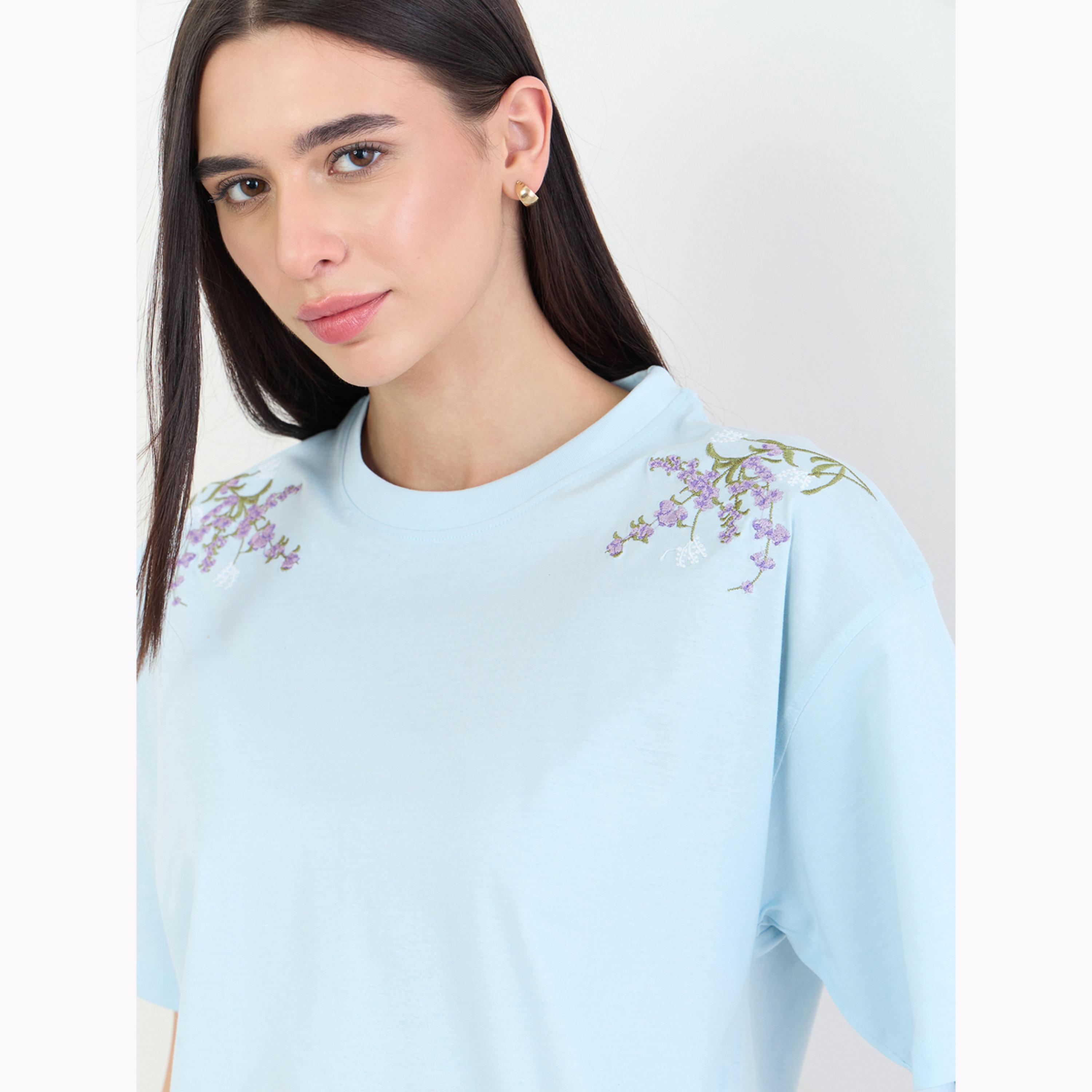 Styli Blue Oversized Shoulder Embroidered 100% Cotton T-Shirt-women-clothing-tshirts-image-4