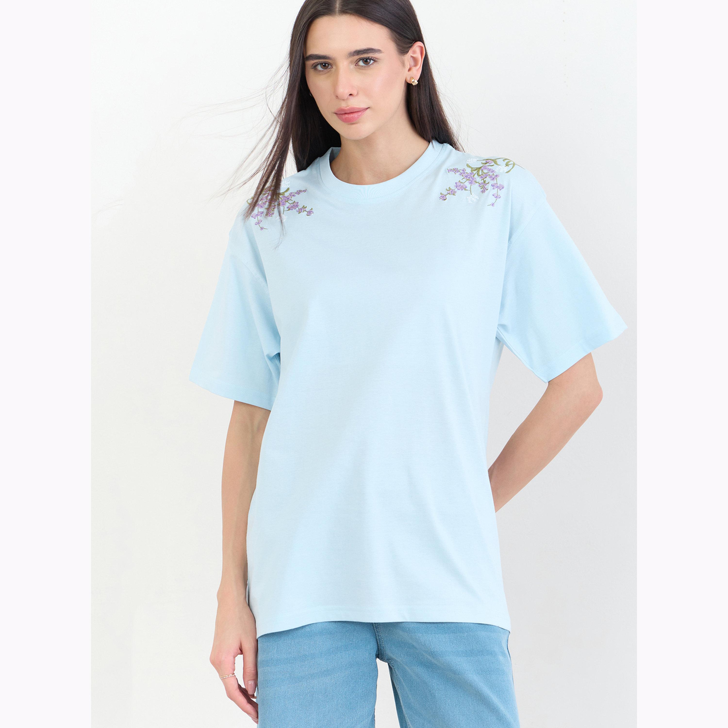Styli Blue Oversized Shoulder Embroidered 100% Cotton T-Shirt-women-clothing-tshirts-image-5
