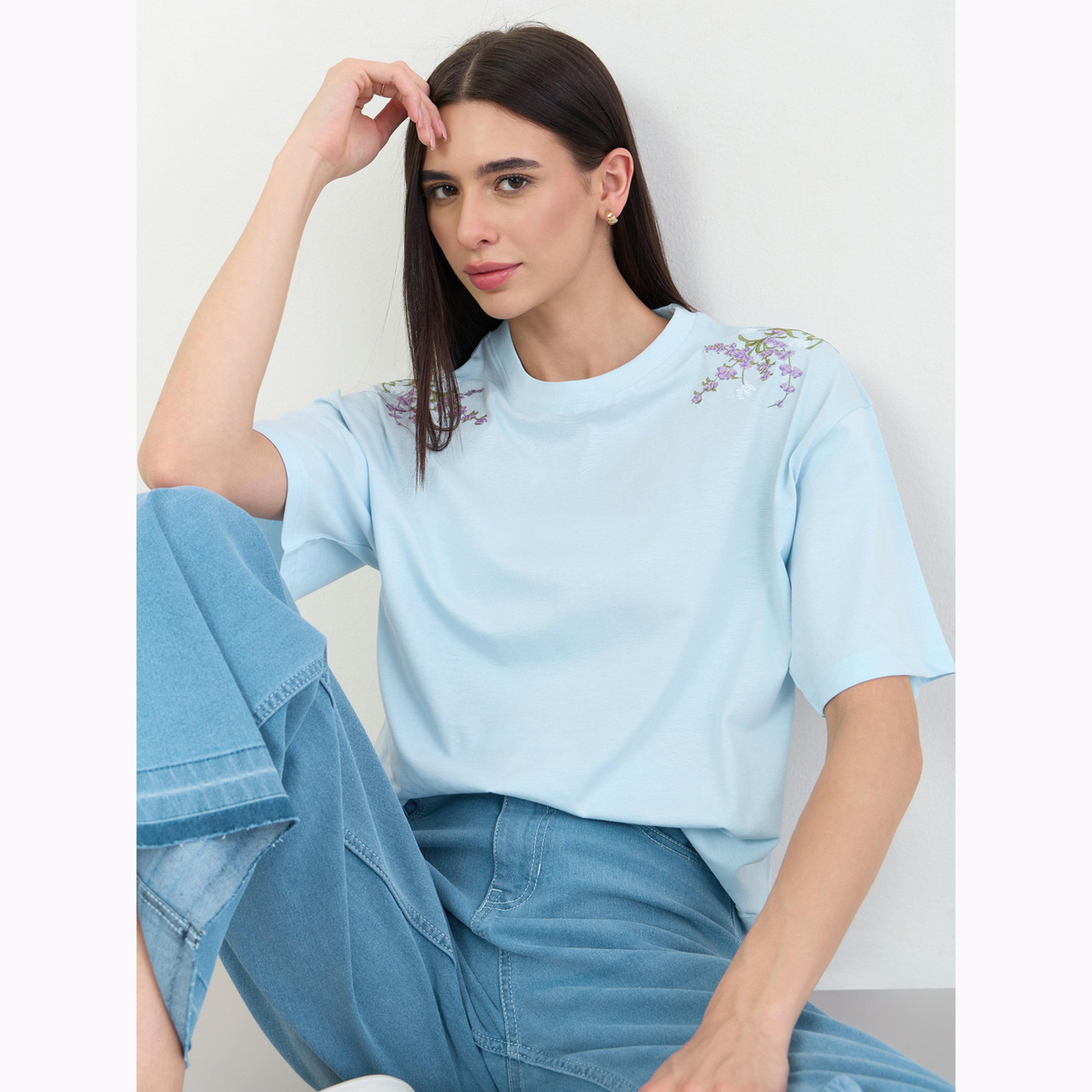 Styli Blue Oversized Shoulder Embroidered 100% Cotton T-Shirt-women-clothing-tshirts-image-6